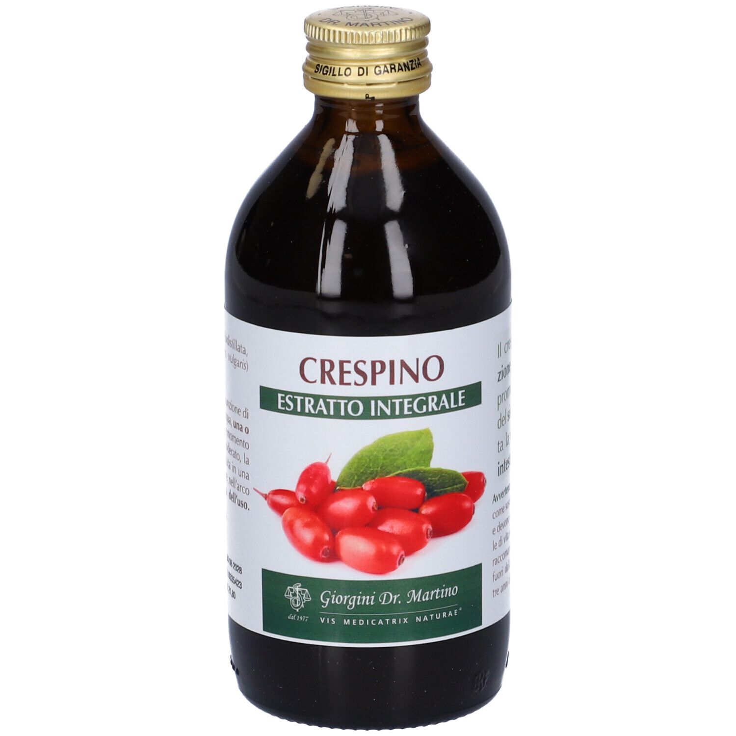 Bottiglia di vetro marrone con etichetta. Scritta: Crespino Estratto Integrale. Immagine di bacche rosse e foglie.