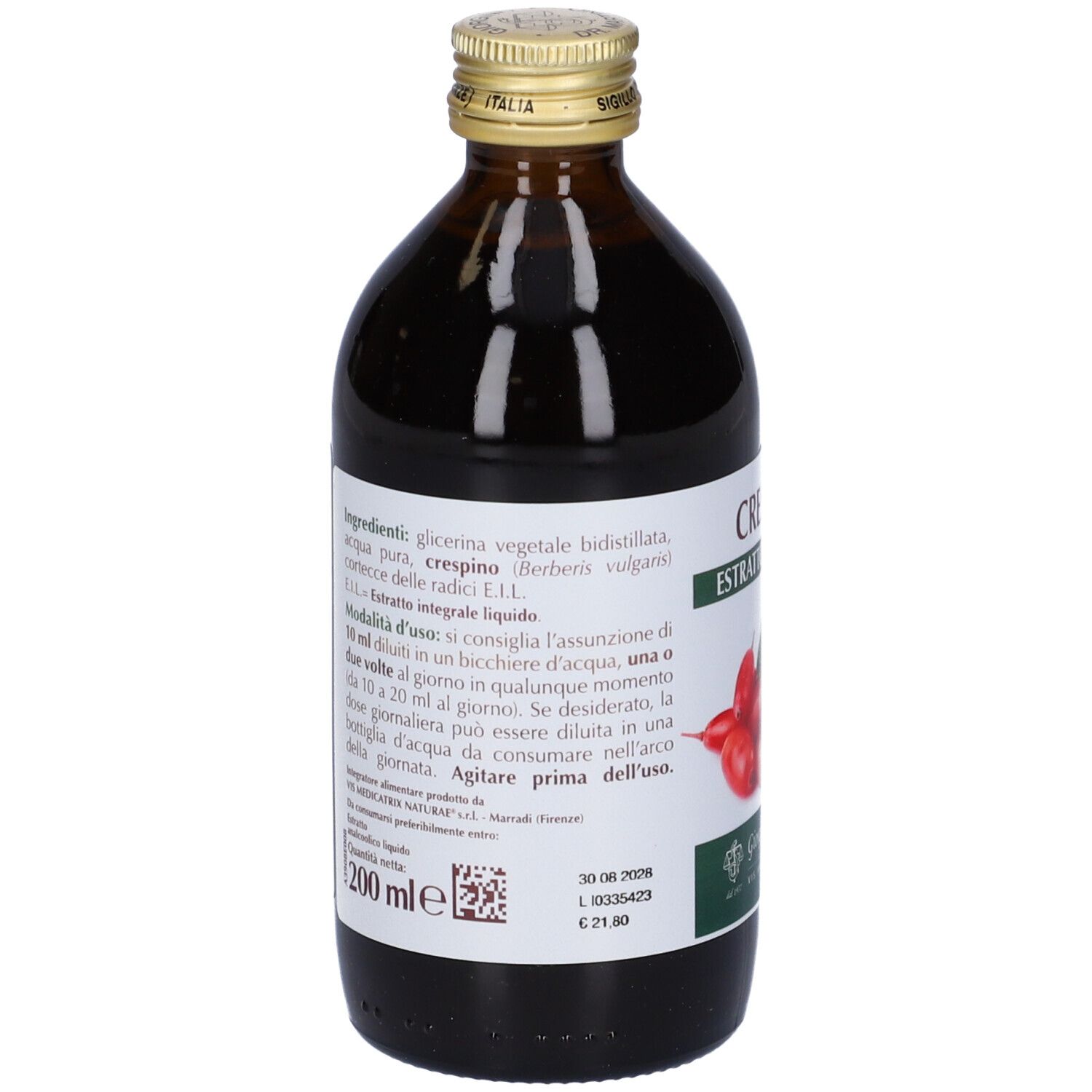 Bottiglia di vetro marrone con etichetta. Scritta: Crespino Estratto Integrale. Retro con testo e indicazione 200 ml.