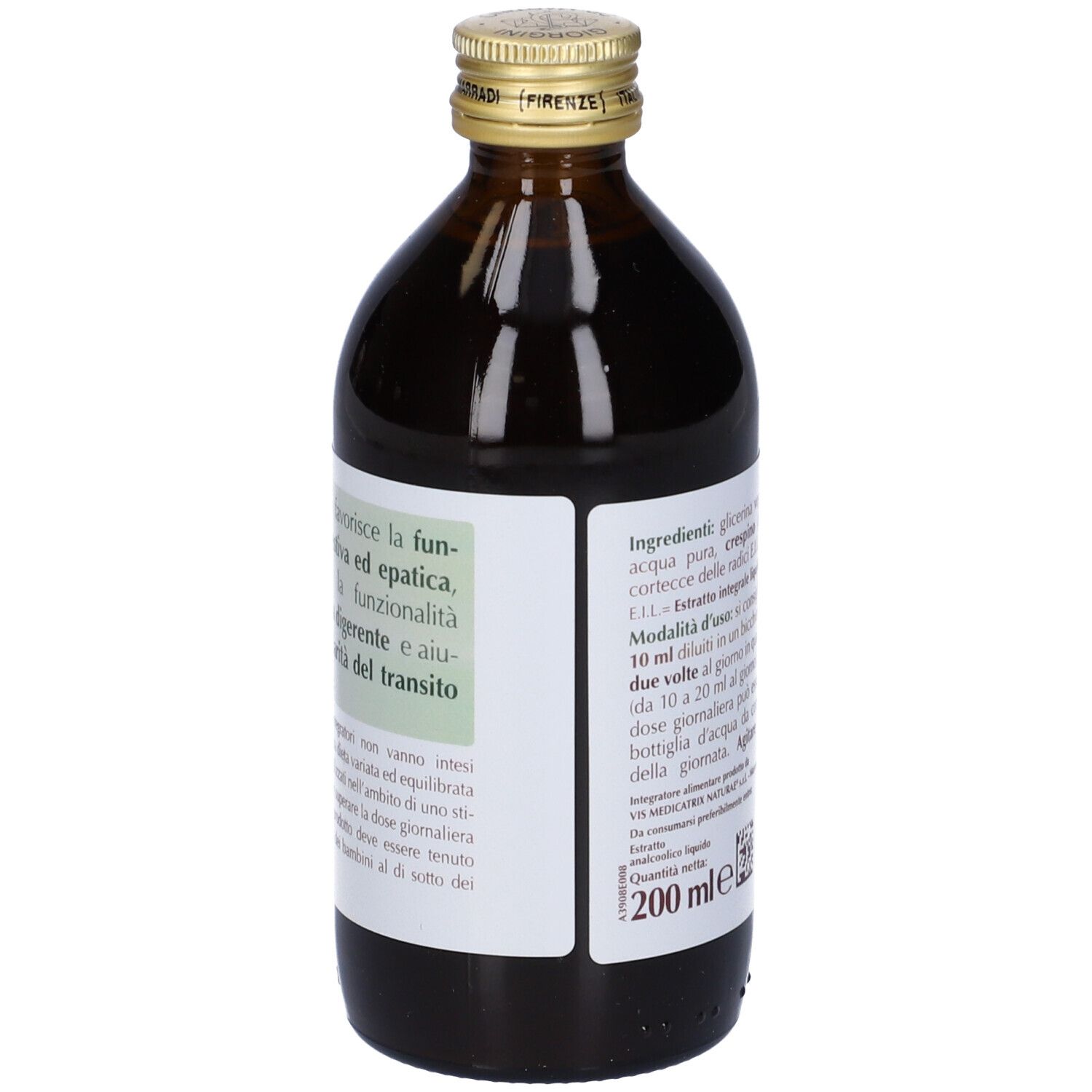 Bottiglia di vetro marrone con etichetta. Scritta: Crespino Estratto Integrale. Retro con testo e indicazione 200 ml.