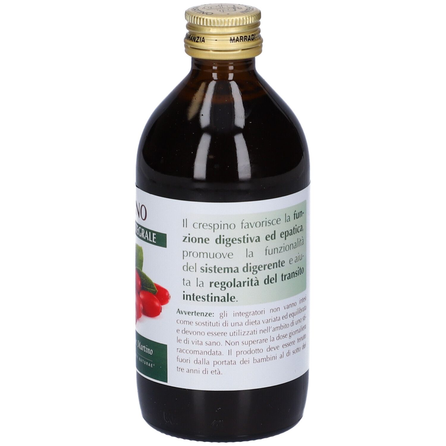 Bottiglia di vetro marrone con etichetta. Scritta: Crespino Estratto Integrale. Retro con testo e indicazione 200 ml.