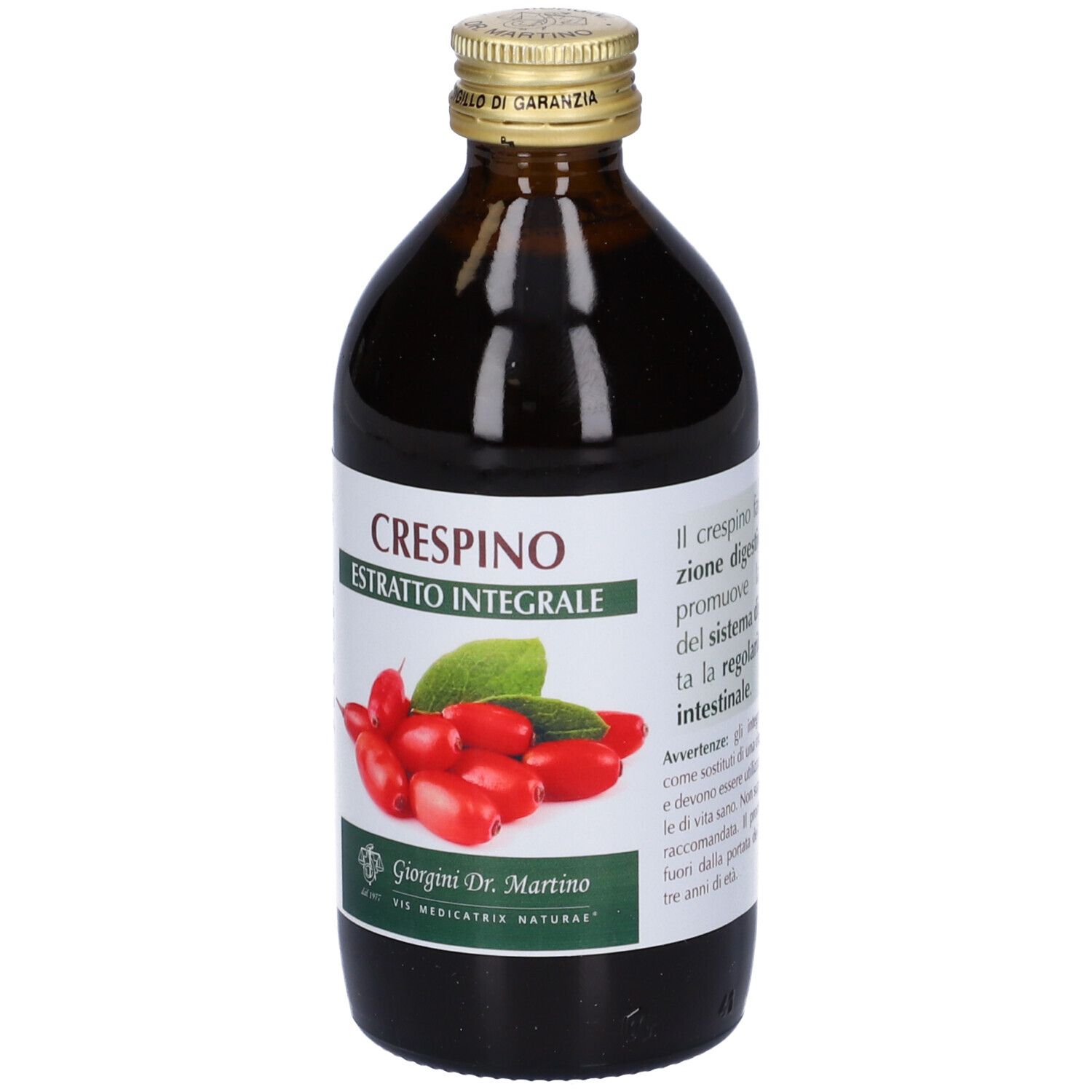 Bottiglia di vetro marrone con etichetta. Scritta: Crespino Estratto Integrale. Immagine di bacche rosse e foglie.