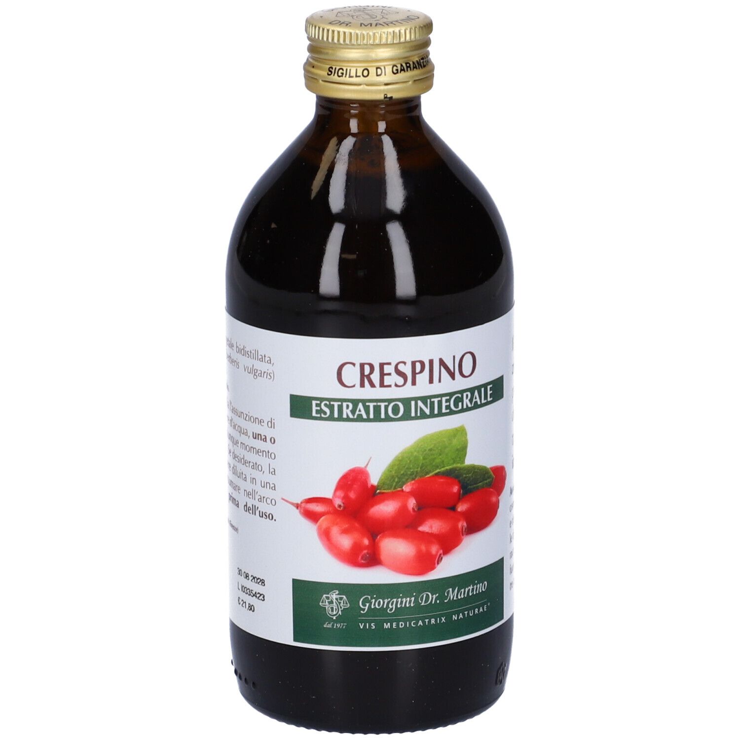 Bottiglia di vetro marrone con etichetta. Scritta: Crespino Estratto Integrale. Immagine di bacche rosse e foglie.
