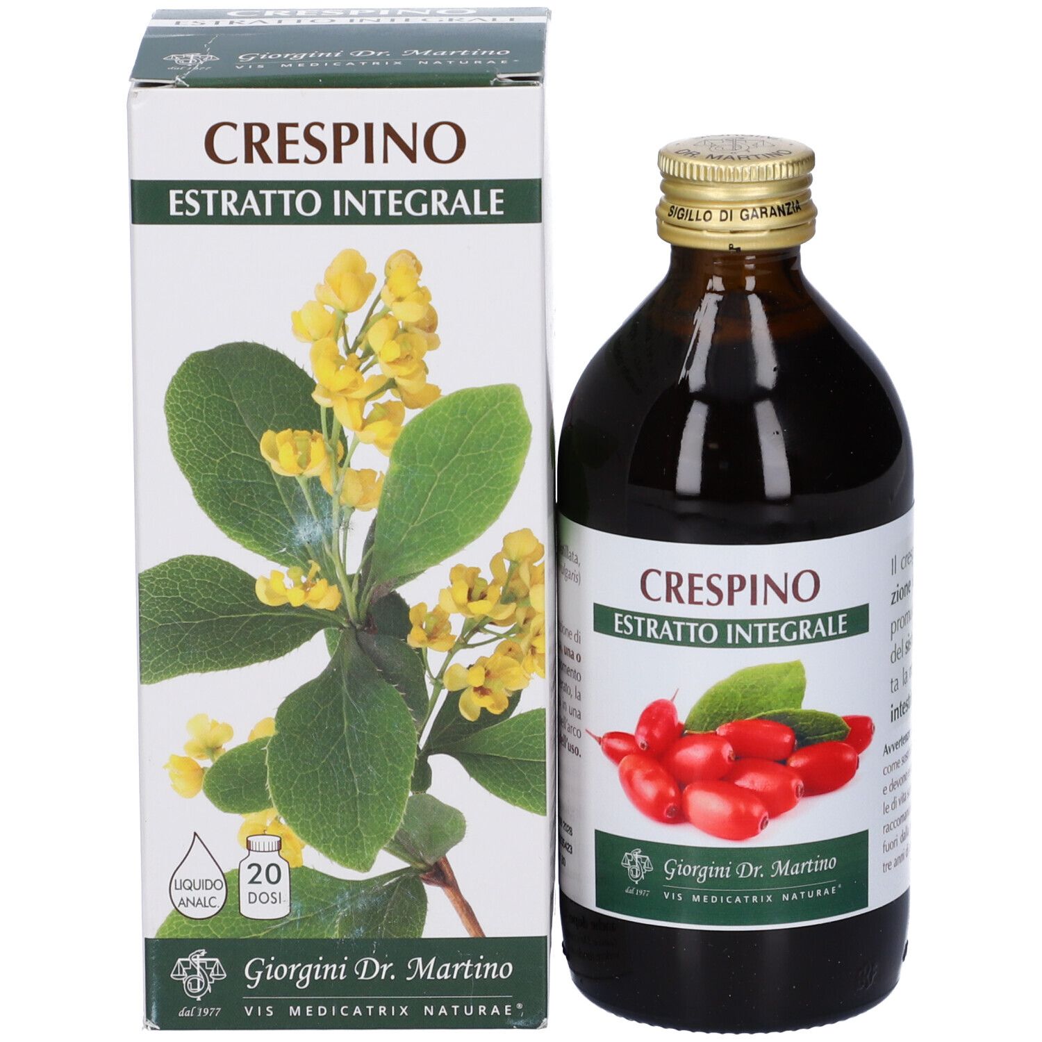 Bottiglia di vetro marrone e confezione. Scritta: Crespino Estratto Integrale. Immagine di bacche rosse e foglie.