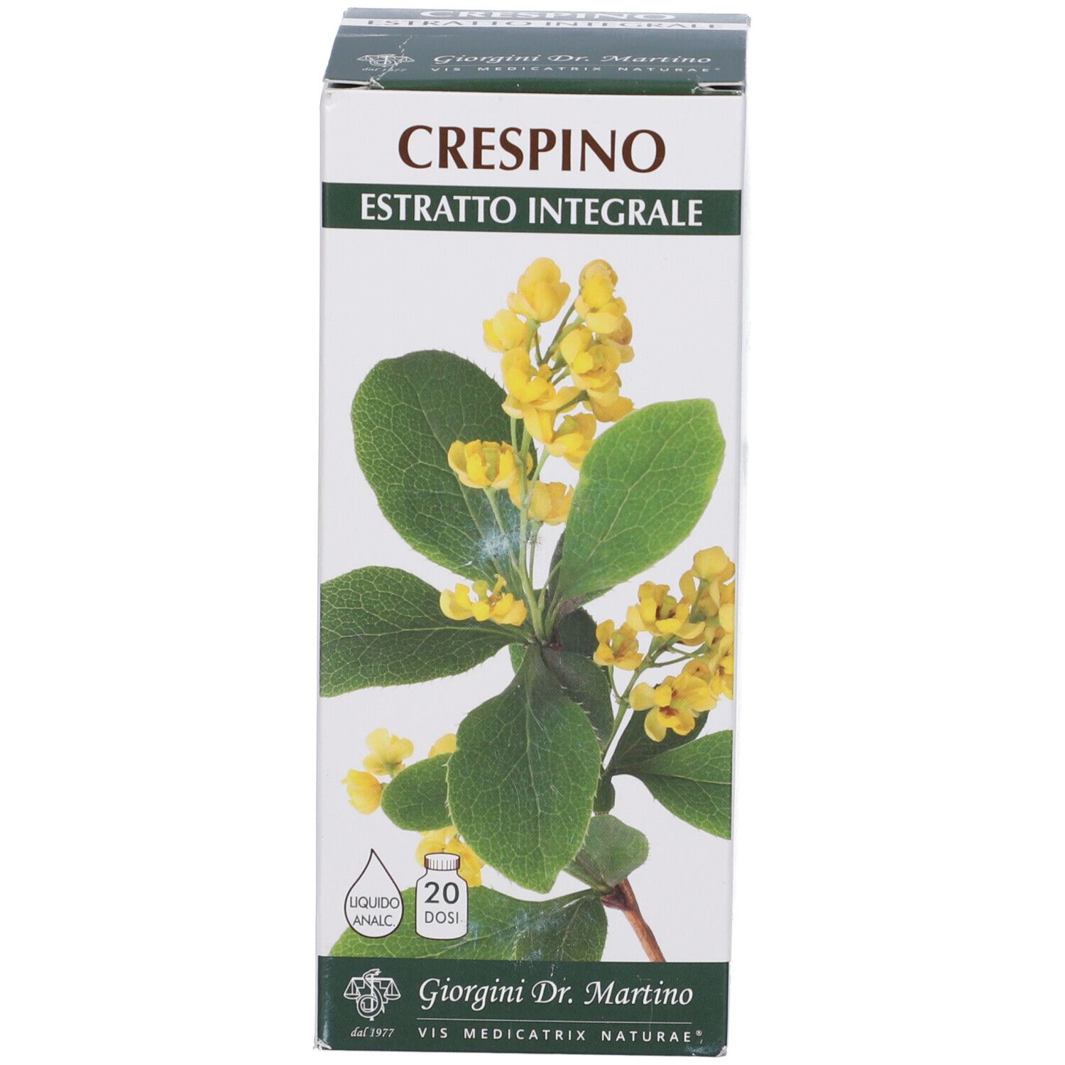 Confezione con scritta: Crespino Estratto Integrale. Immagine di fiori gialli e foglie. Marchio: Giorgini Dr. Martino.