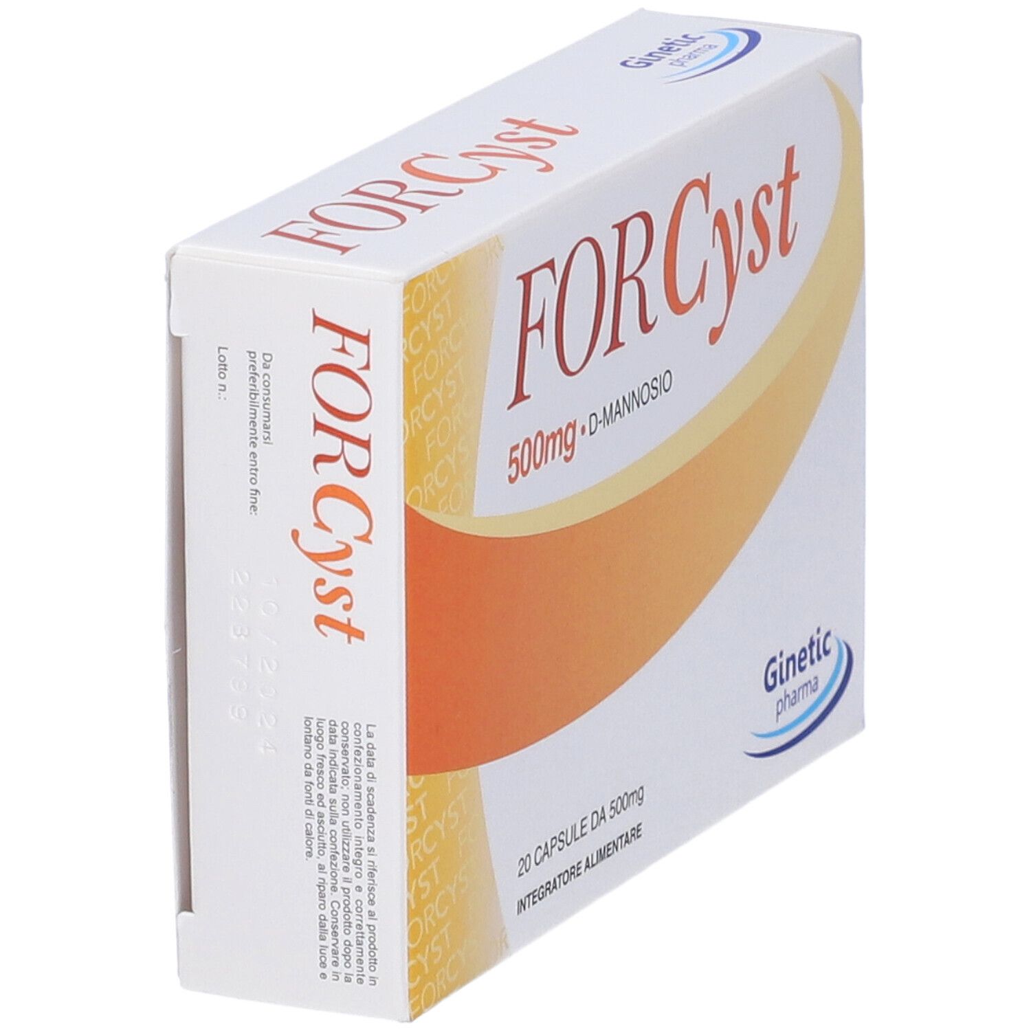 Scatola FORCyst, 500mg D-mannosio. Contiene 20 capsule. Logo Ginetec Pharma. Vista obliqua.