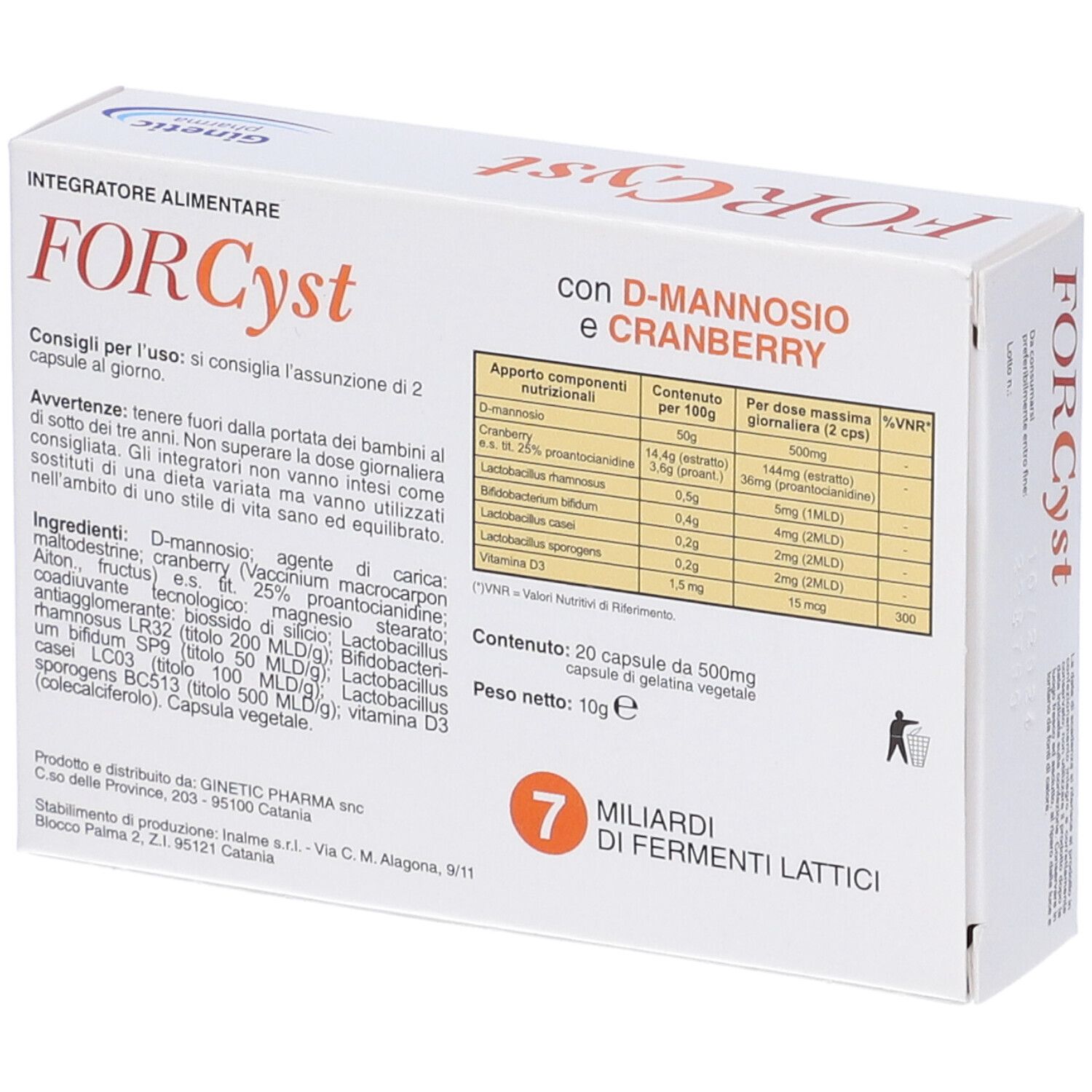 Scatola FORCyst con D-mannosio e mirtillo rosso. Contiene 20 capsule. 7 miliardi di fermenti lattici. Ginetec Pharma.