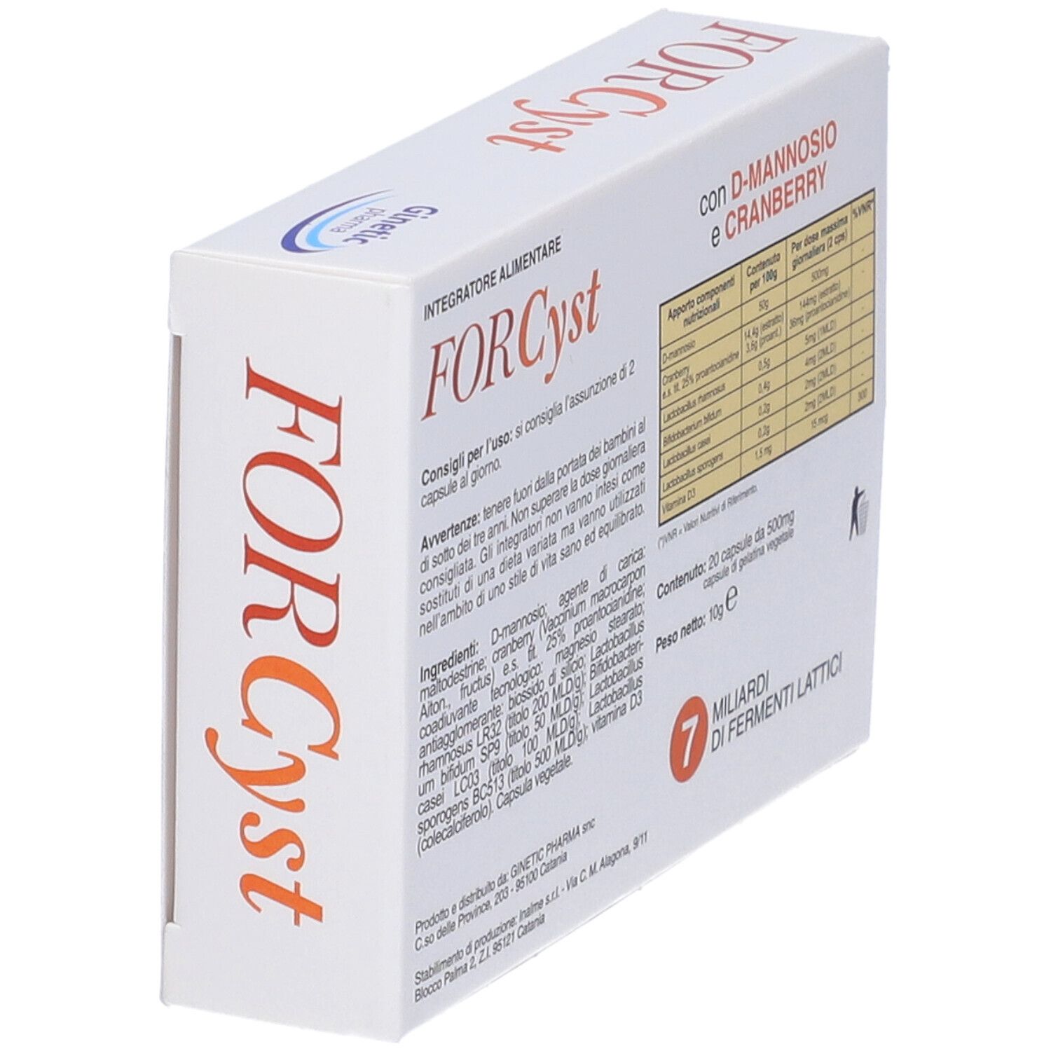 Scatola FORCyst con D-mannosio e mirtillo rosso. Contiene 20 capsule. 7 miliardi di fermenti lattici. Ginetec Pharma.