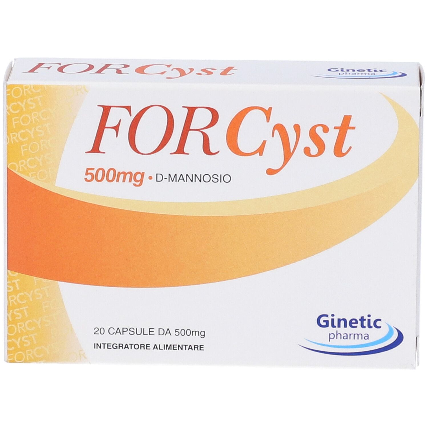 Scatola FORCyst, 500mg D-mannosio. Contiene 20 capsule. Logo Ginetec Pharma.