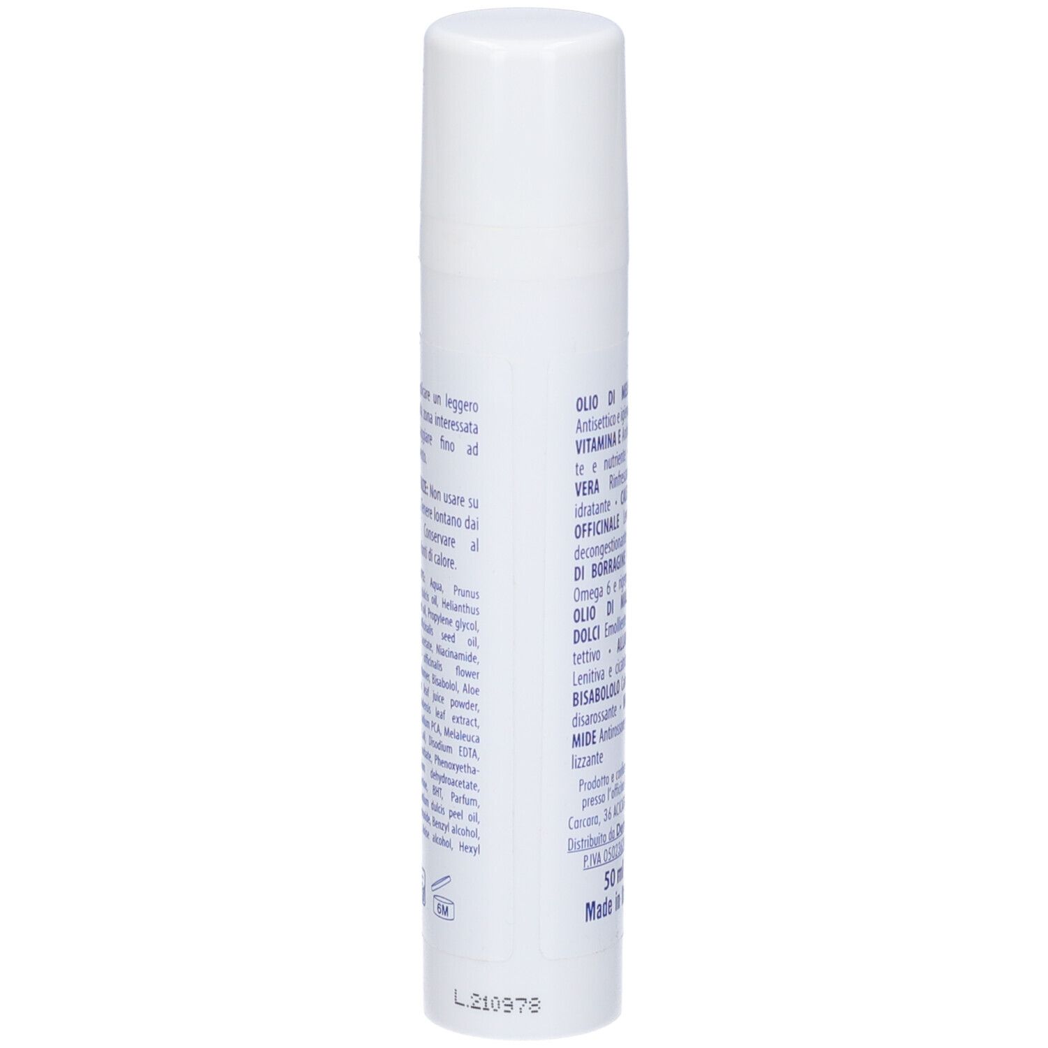 Flacone bianco, retro con ingredienti e informazioni produttore. Scritta: 50 ml, Made in Italy.