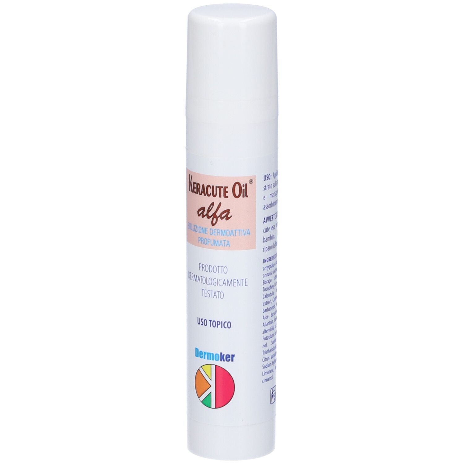 Flacone bianco con etichetta rosa. Scritta: Keracute Oil alfa, dermatologicamente testato. Marchio: Dermoker.