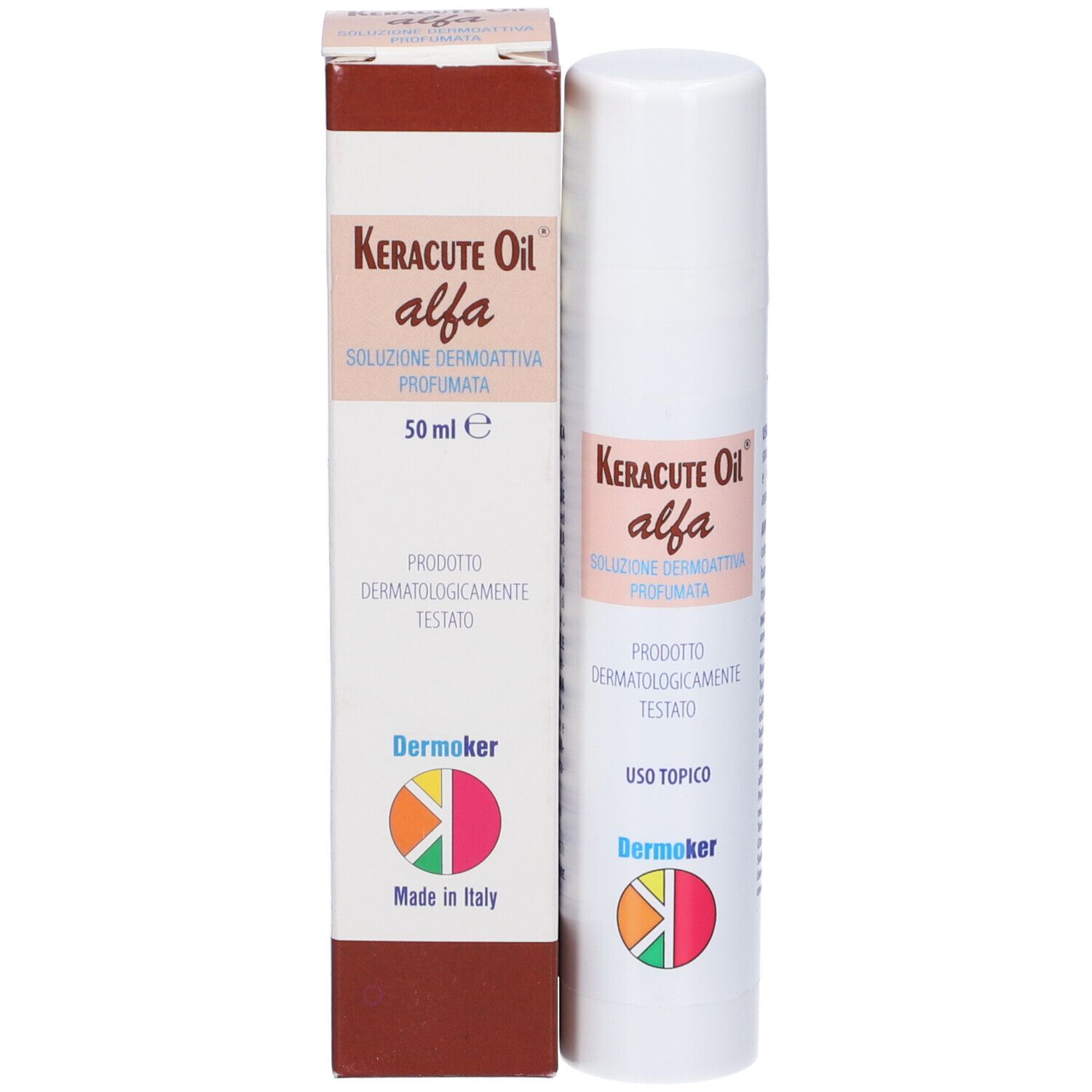 Confezione prodotto: flacone e scatola. Scritta: Keracute Oil alfa, 50 ml. Marchio: Dermoker. Made in Italy.