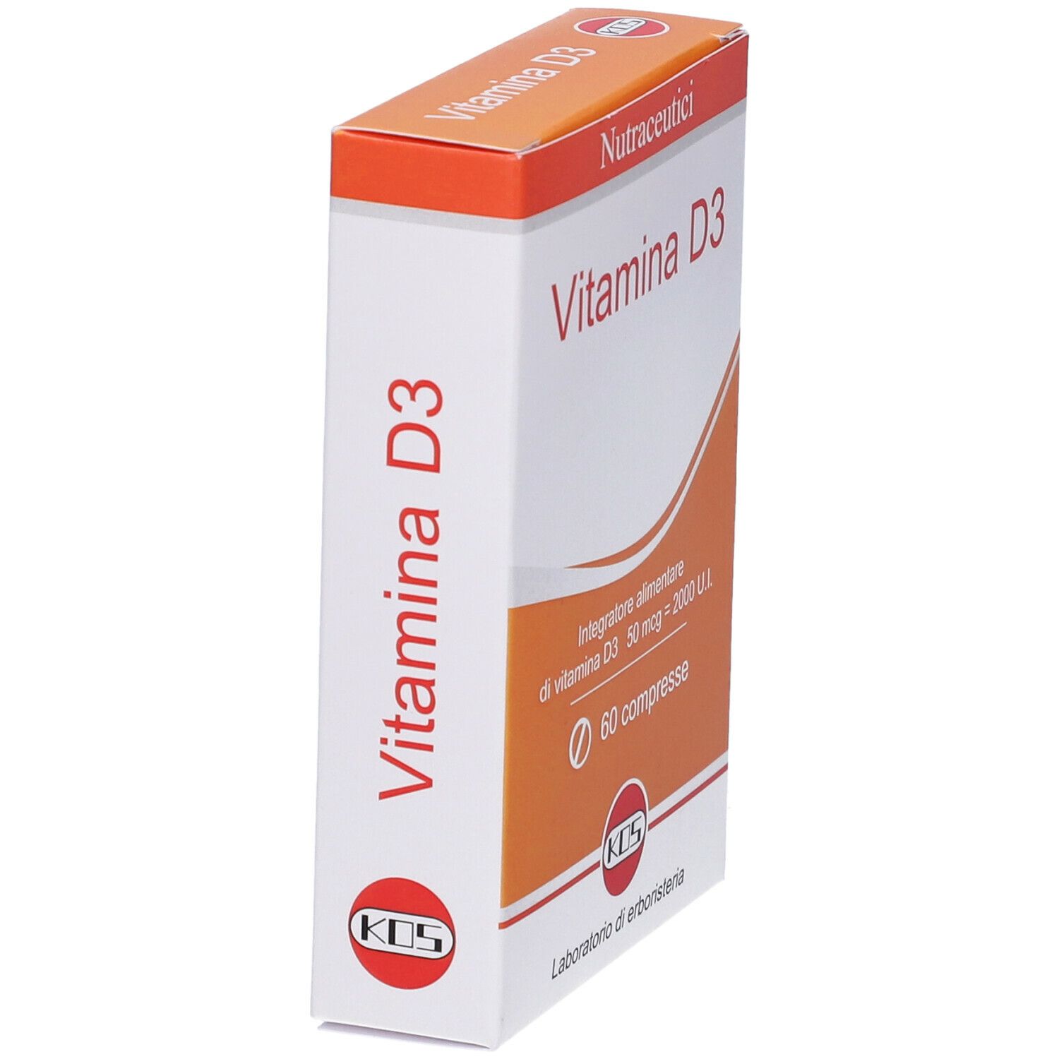 Scatola "Vitamina D3" in prospettiva. Arancione e bianca, logo KOS.