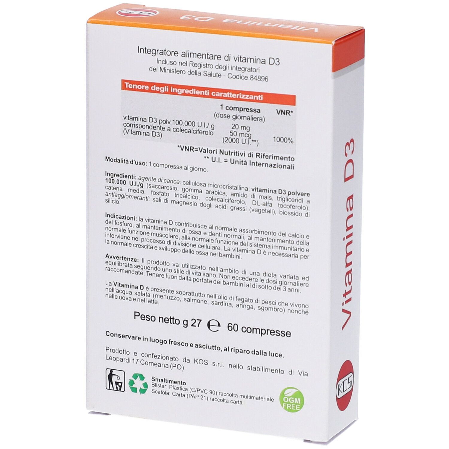 Retro della scatola "Vitamina D3". Testo con ingredienti e informazioni nutrizionali.