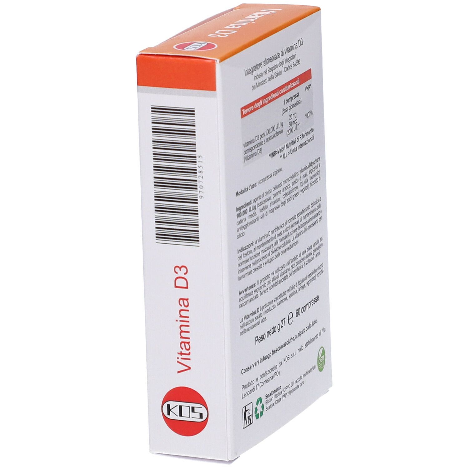 Lato della scatola "Vitamina D3" con codice a barre e testo. Logo KOS.