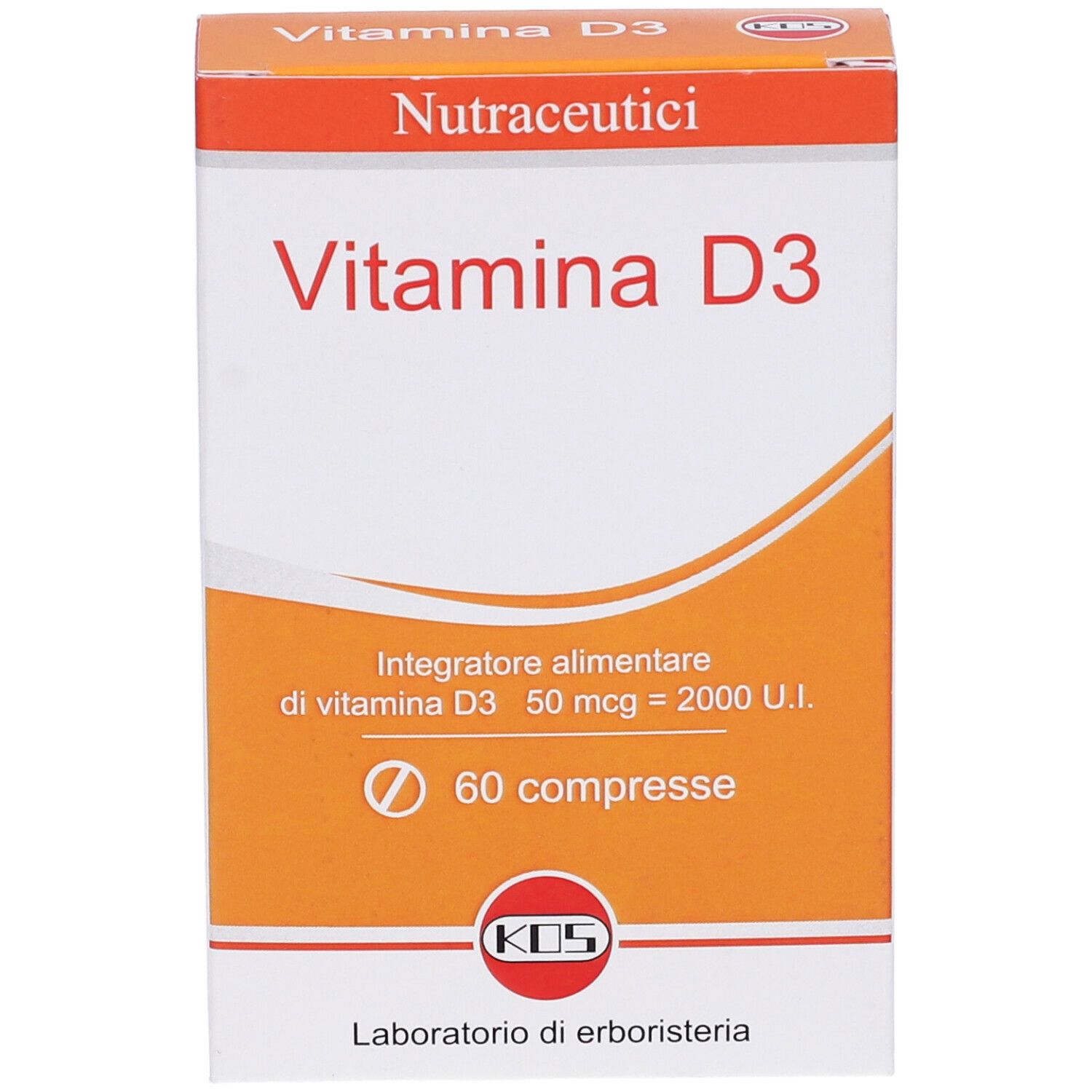 Fronte della scatola "Vitamina D3". Arancione e bianco, testo e logo KOS.