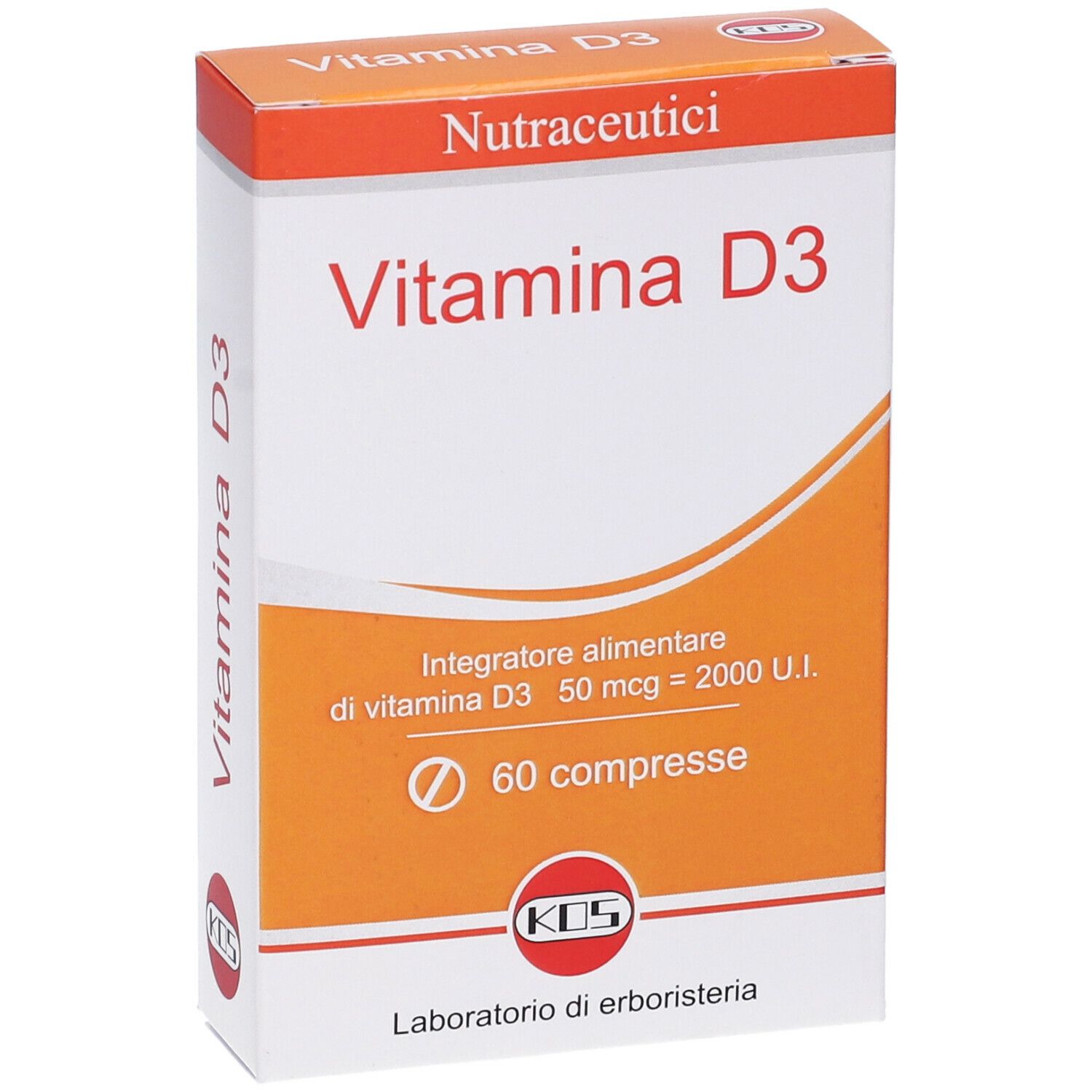 Scatola "Vitamina D3". Arancione e bianca, testo e logo KOS. 60 compresse.