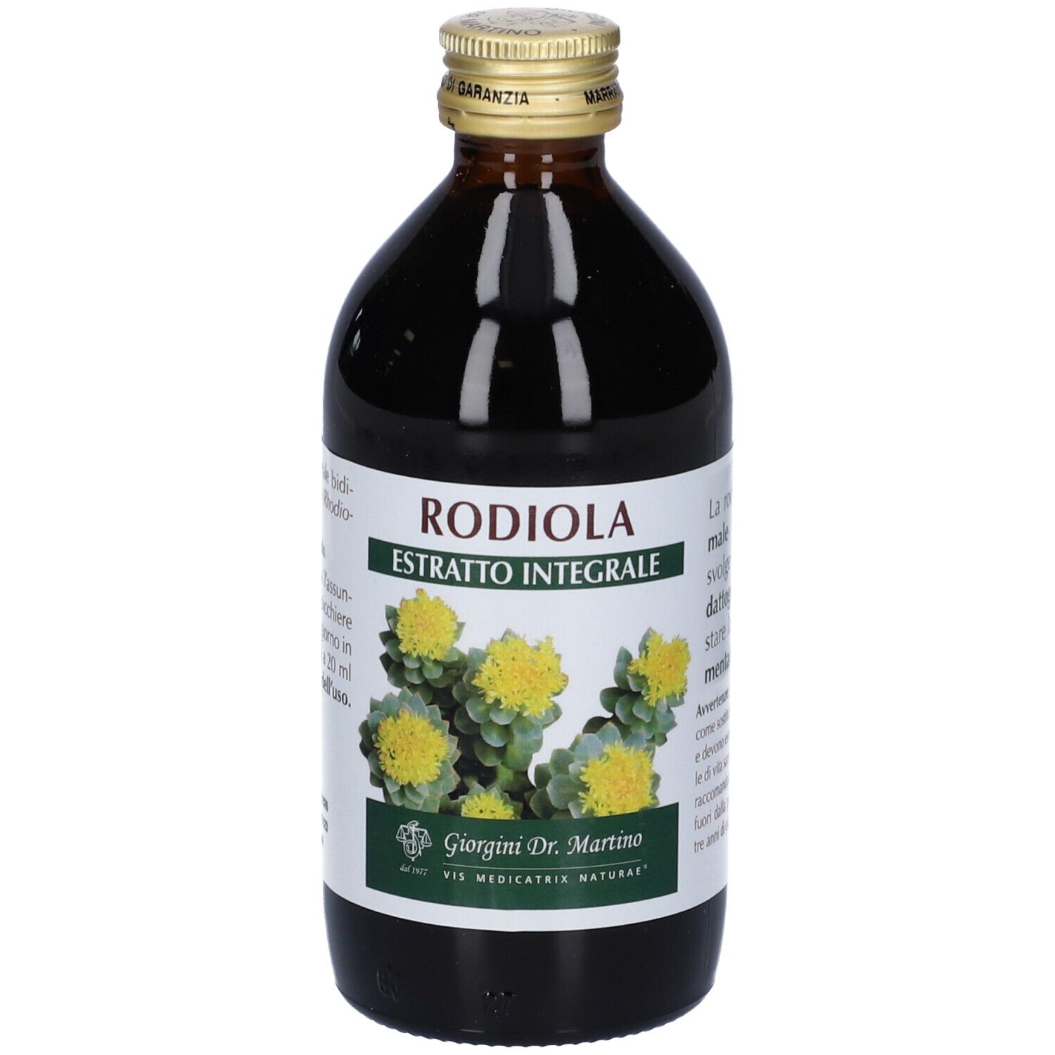 Bottiglia di vetro marrone con tappo dorato. Scritta: Rodiola Estratto Integrale. Etichetta con fiori gialli.