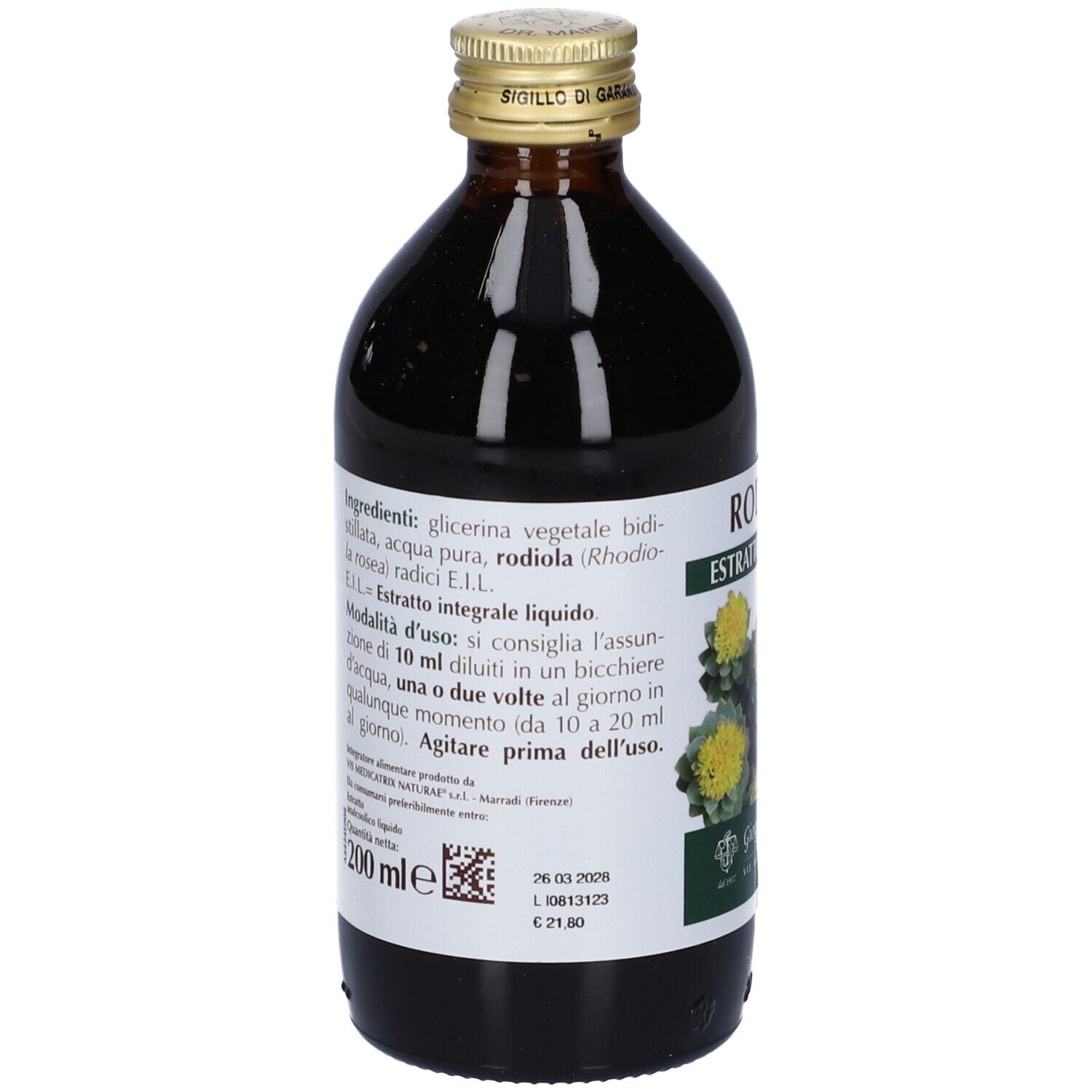 Bottiglia di vetro marrone con etichetta. Scritta: Rodiola Estratto Integrale. Testo su ingredienti e uso. 200 ml.