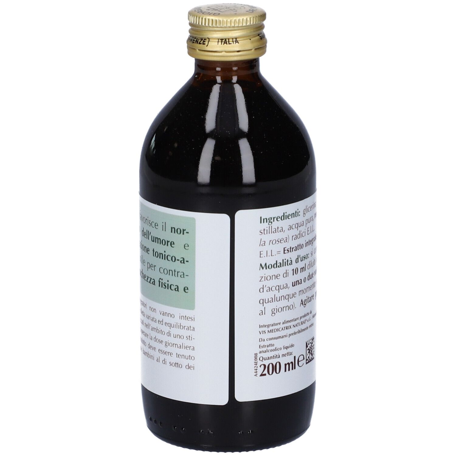 Bottiglia di vetro marrone con etichetta. Scritta: Rodiola Estratto Integrale. Testo su ingredienti e uso. 200 ml.