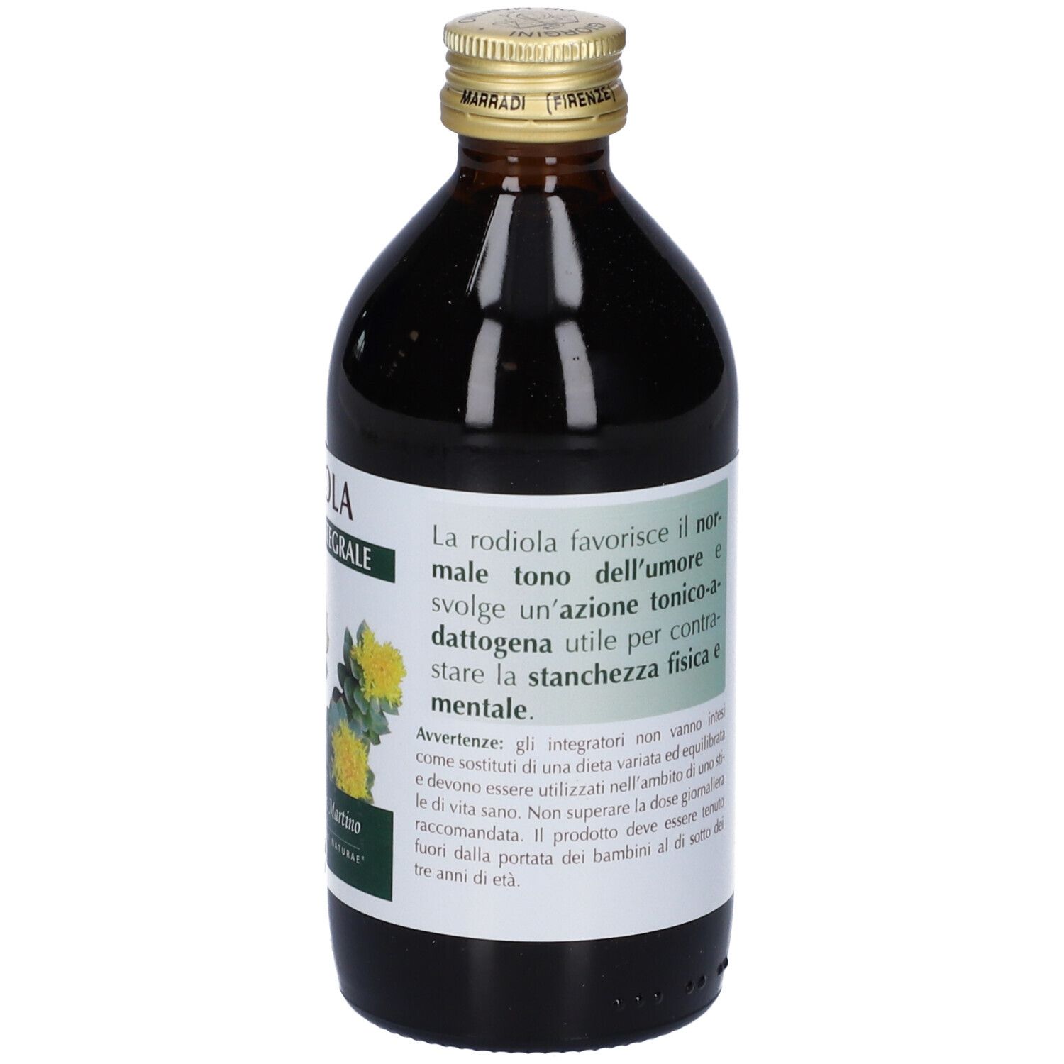 Bottiglia di vetro marrone con etichetta. Scritta: Rodiola Estratto Integrale. Testo su benefici e avvertenze. 200 ml.
