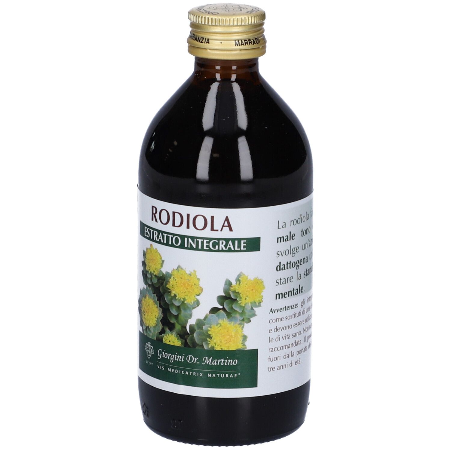 Bottiglia di vetro marrone con etichetta. Scritta: Rodiola Estratto Integrale. Immagine di fiori gialli. Marchio Giorgini Dr. Martino.