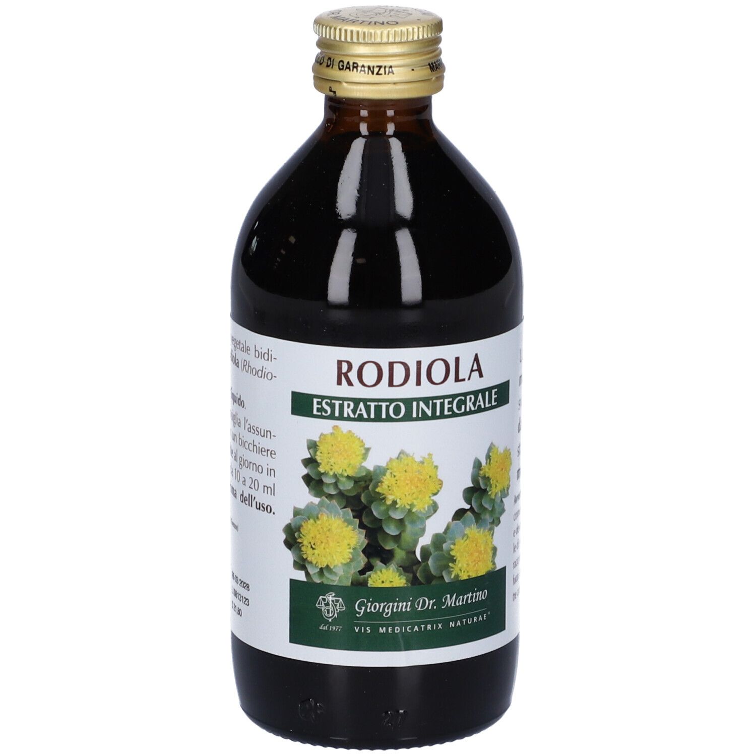 Bottiglia di vetro marrone con etichetta. Scritta: Rodiola Estratto Integrale. Immagine di fiori gialli. Marchio Giorgini Dr. Martino.