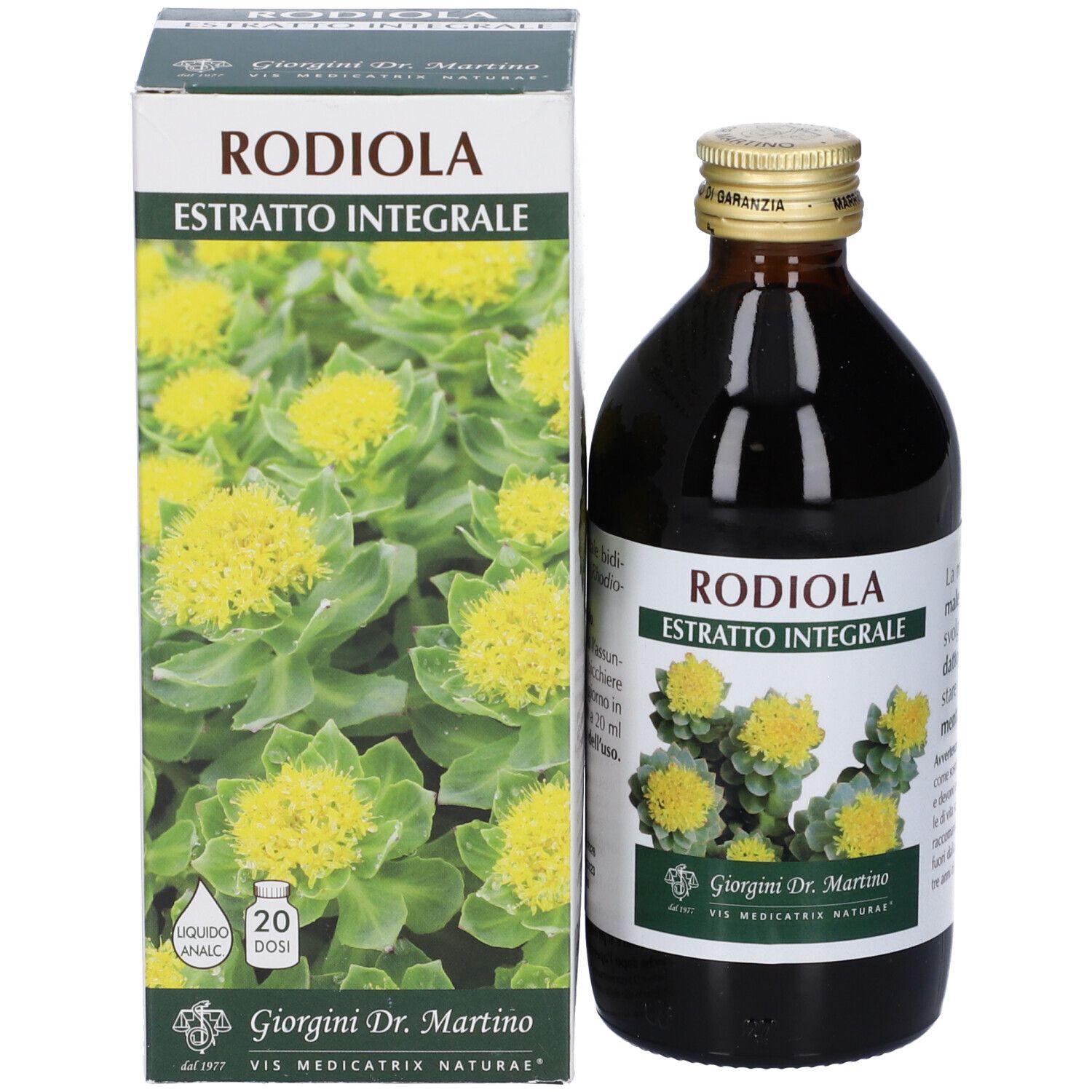 Bottiglia di vetro marrone e scatola. Scritta: Rodiola Estratto Integrale. Immagine di fiori gialli. Marchio Giorgini Dr. Martino.