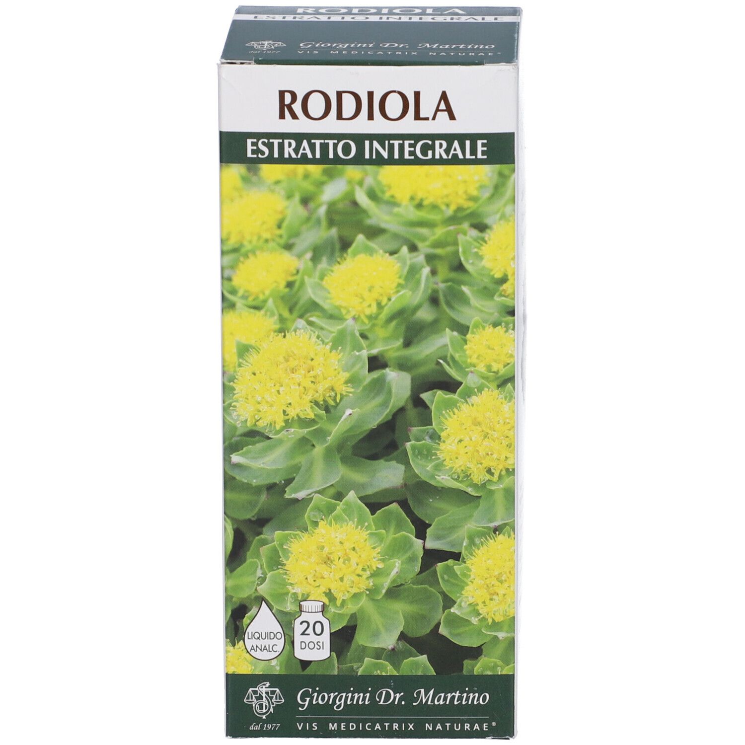 Scatola con testo del prodotto. Scritta: Rodiola Estratto Integrale. Immagine di fiori gialli. Marchio Giorgini Dr. Martino.