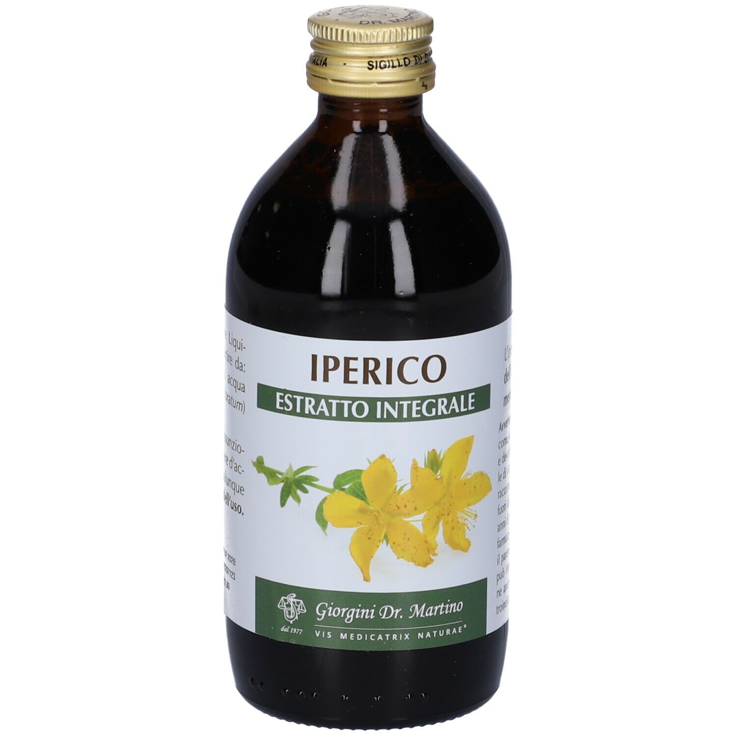 Bottiglia di vetro marrone con tappo dorato. Scritto: Iperico Estratto Integrale. Etichetta con fiori.