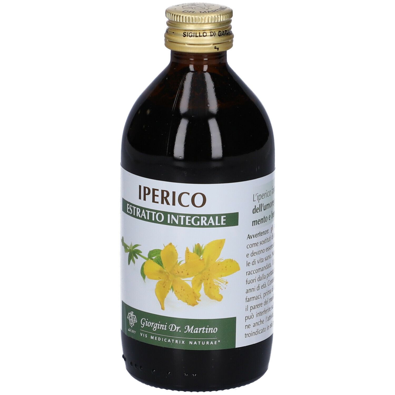 Bottiglia di vetro marrone con tappo dorato. Scritto: Iperico Estratto Integrale. Etichetta con informazioni e fiori.