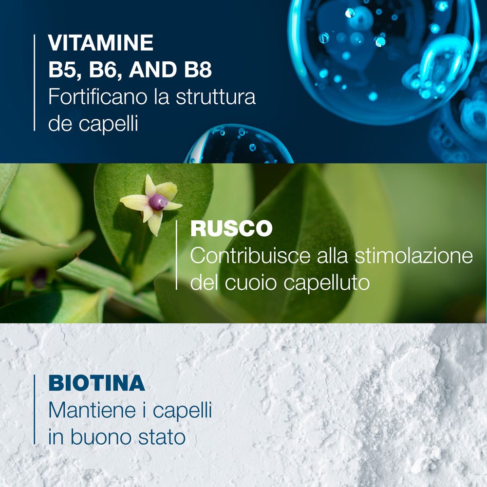 Grafici con testo. Testo: Le vitamine B5, B6, B8 rinforzano la struttura dei capelli. Il rusco stimola il cuoio capelluto. La biotina mantiene i capelli.
