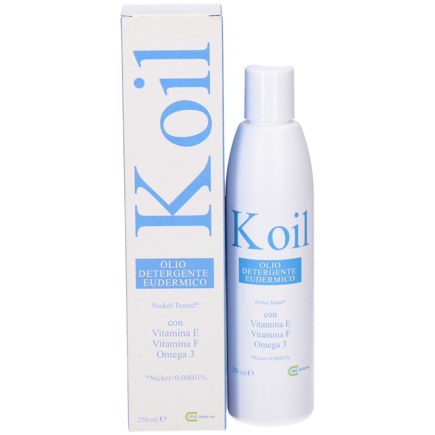 Confezione e flacone. Scritta: K oil, Olio Detergente Eudermico. Contiene vitamina E, F, Omega 3. Nickel Tested.