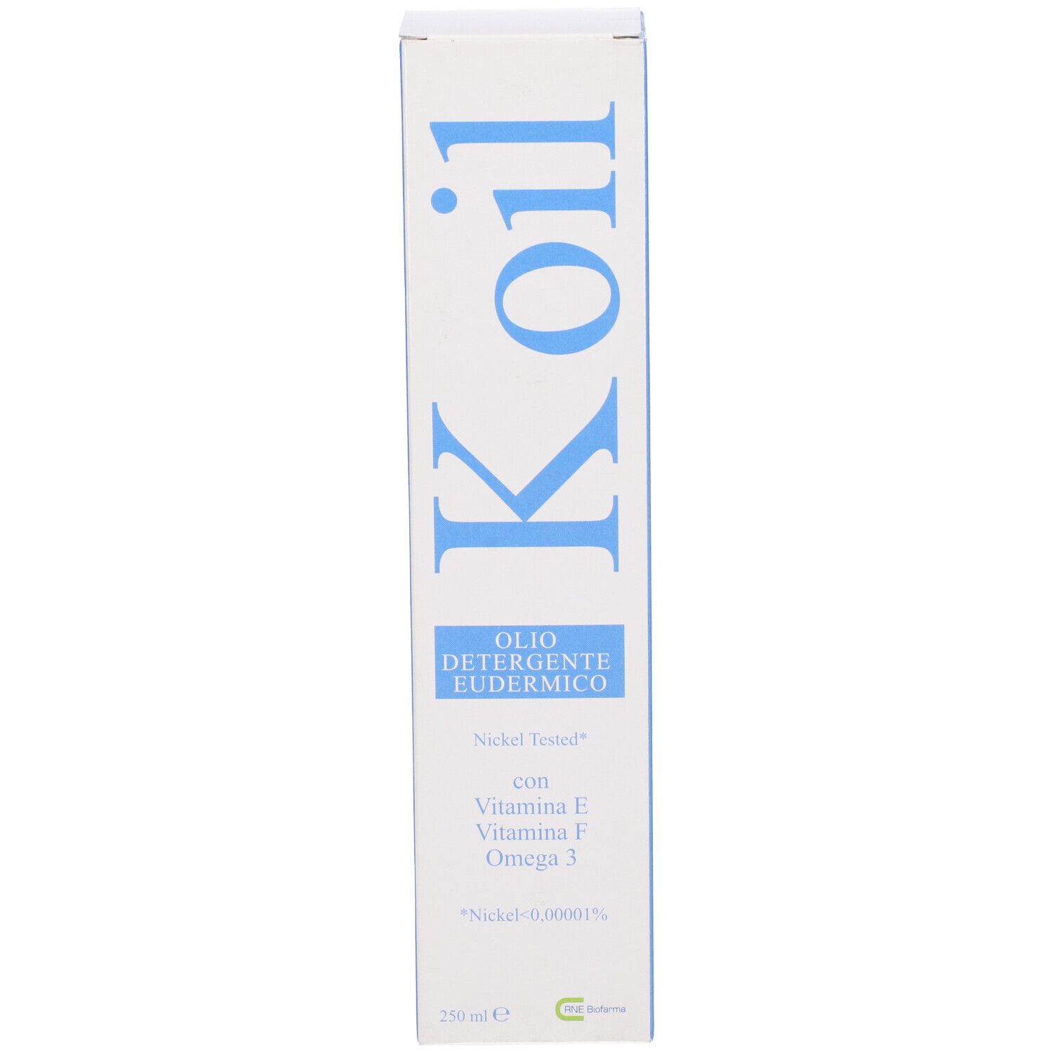 Confezione del prodotto. Scritta: K oil, Olio Detergente Eudermico. Contiene vitamina E, F, Omega 3. Nickel Tested.