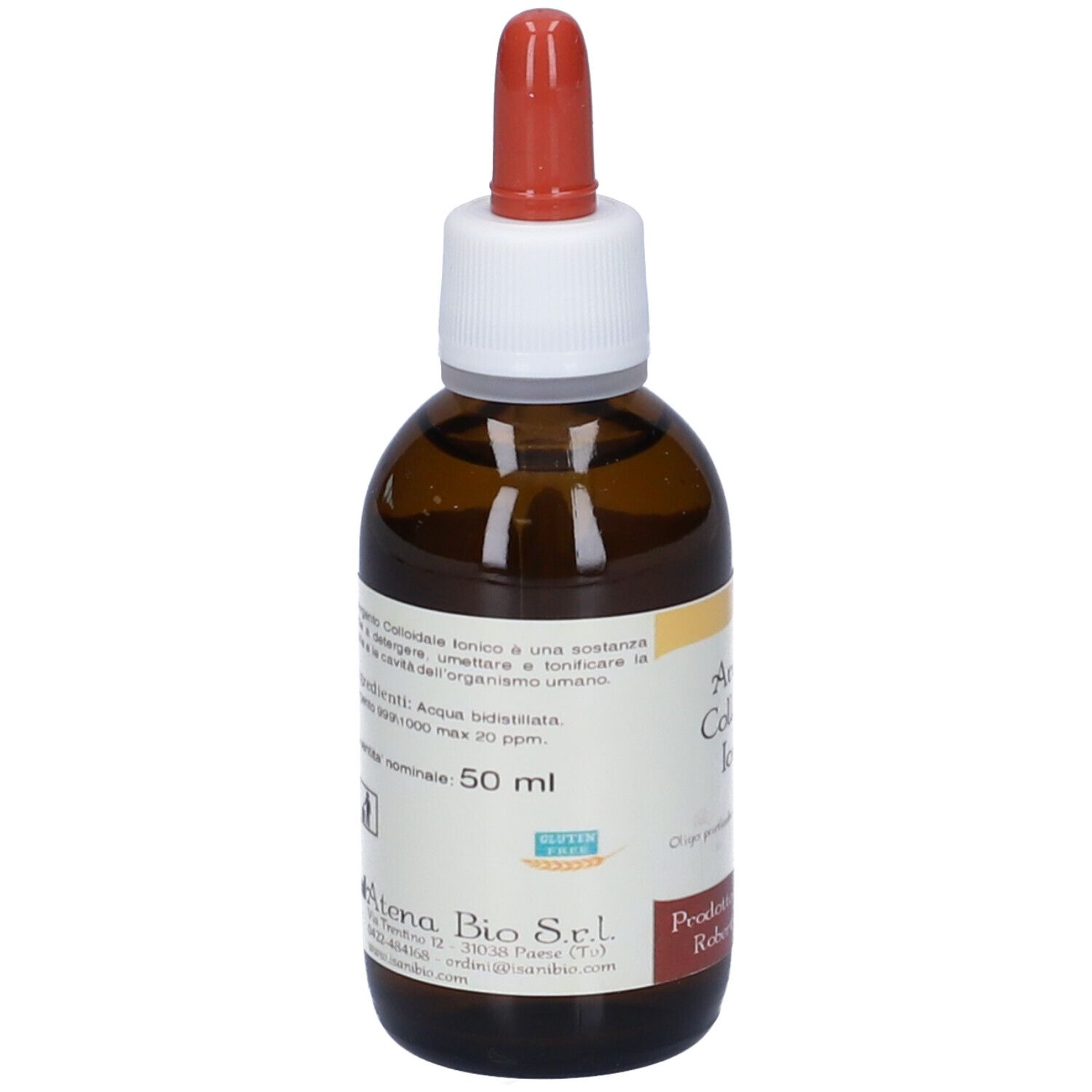 Flacone di vetro marrone con etichetta bianca e contagocce rosso. Scritta: Argento Colloidale Ionico. 50 ml.