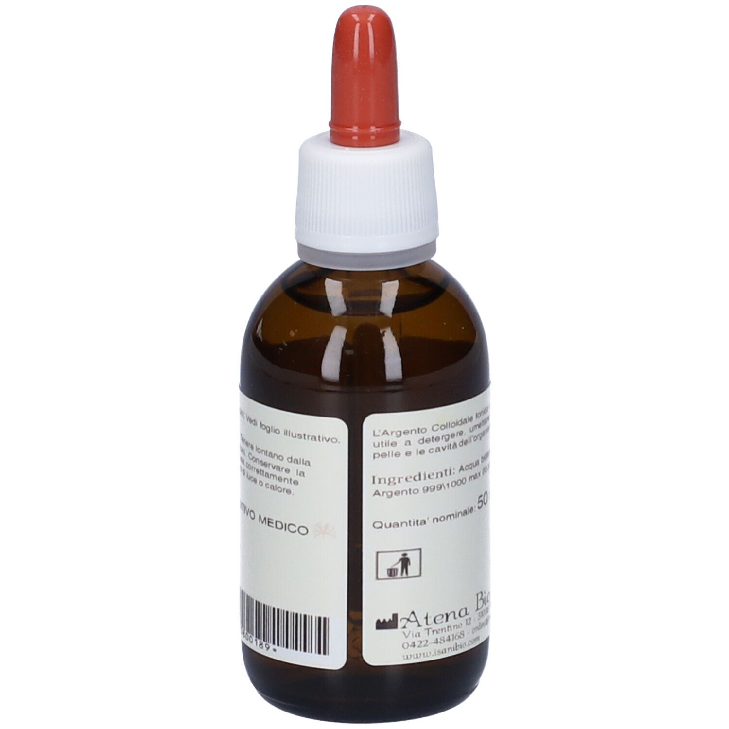 Flacone di vetro marrone con etichetta bianca e contagocce rosso. Scritta: Argento Colloidale Ionico. 50 ml.