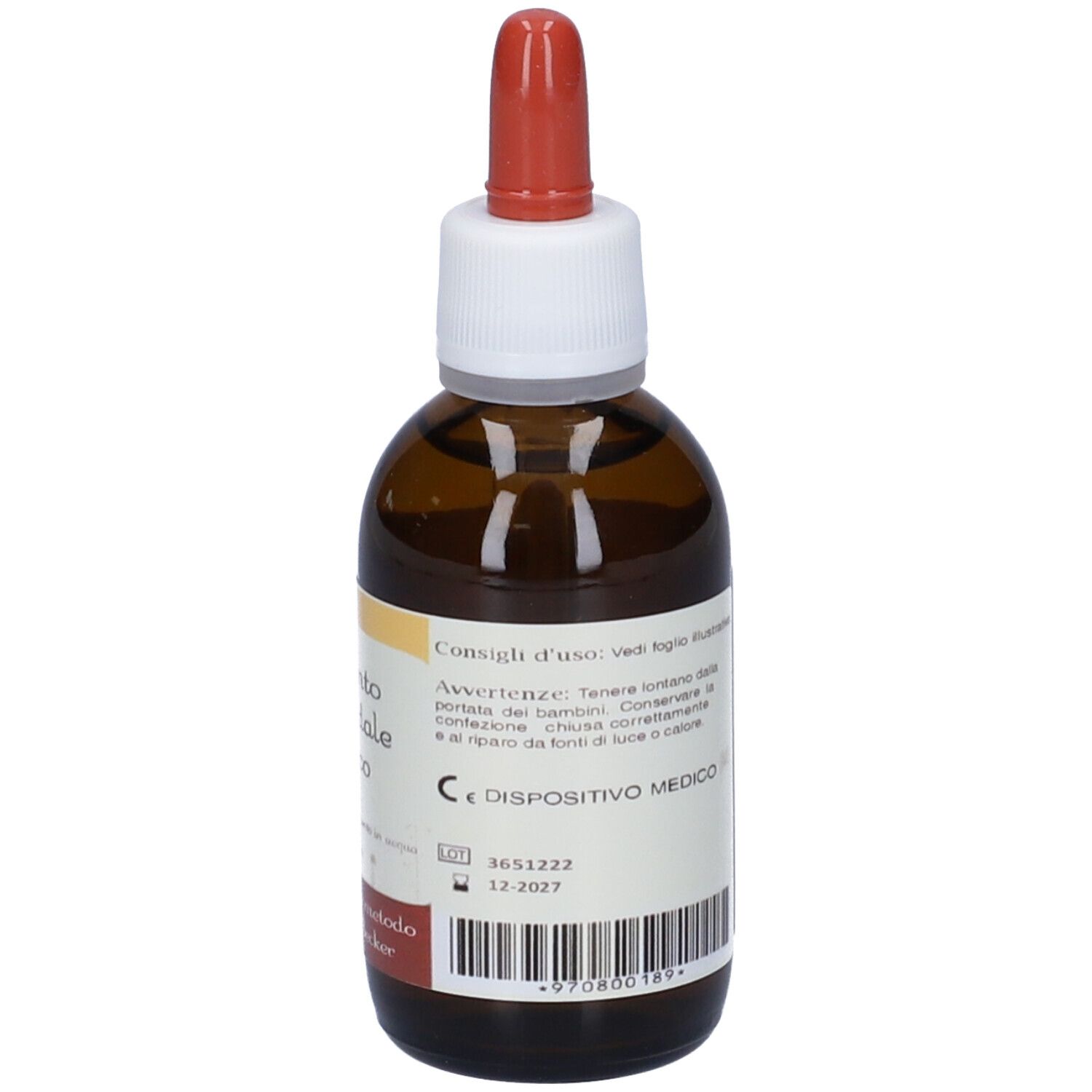 Flacone di vetro marrone con etichetta bianca e contagocce rosso. Scritta: Argento Colloidale Ionico. Marchio CE.