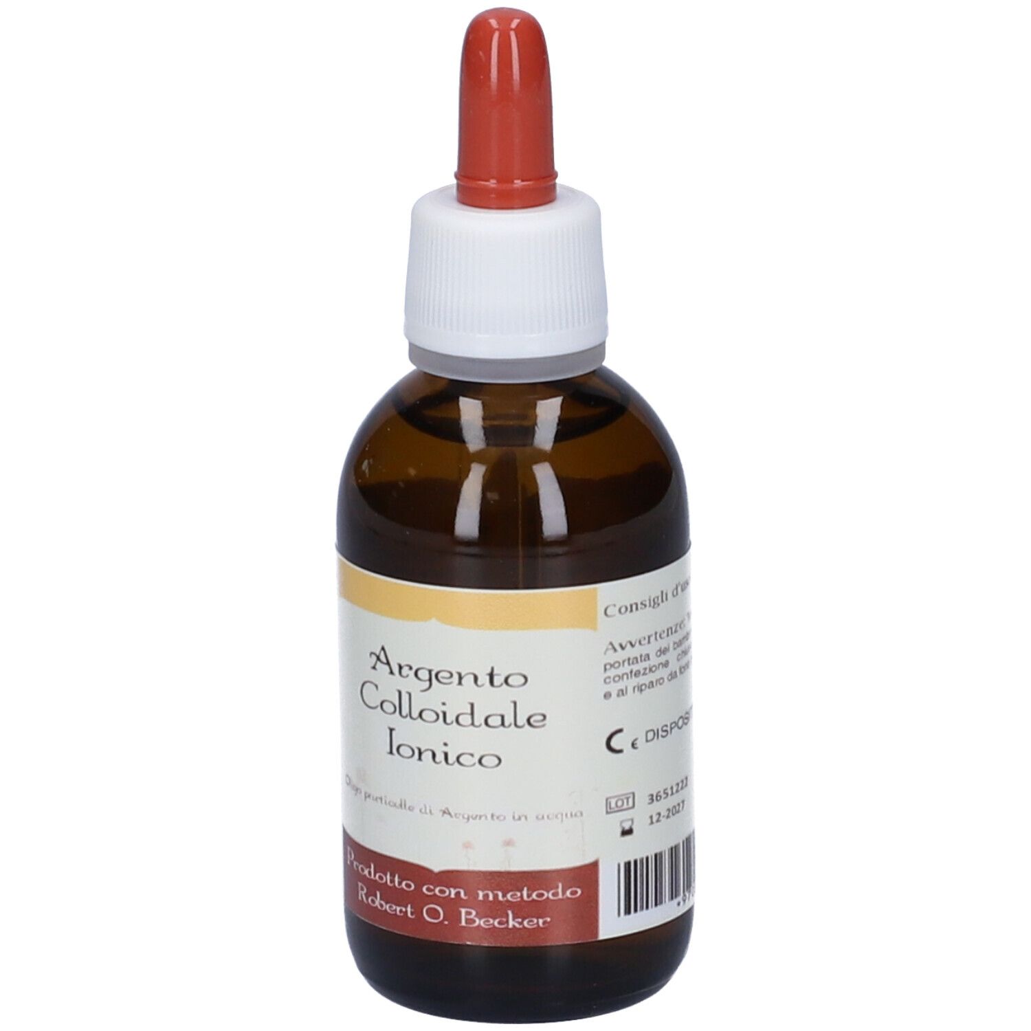 Flacone di vetro marrone con etichetta bianca e contagocce rosso. Scritta: Argento Colloidale Ionico.