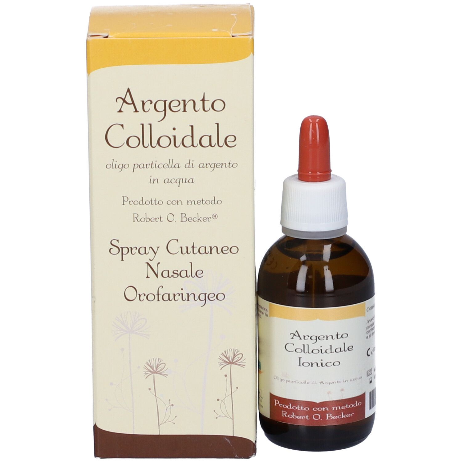 Confezione e flacone. Scritta: Argento Colloidale. Spray Cutaneo Nasale Orofaringeo.