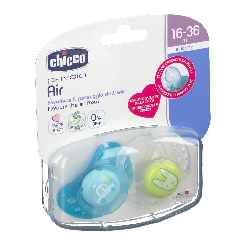 Due succhietti in confezione di plastica. Blu e verde. Tettarella in silicone. Età: 16-36 mesi. Marchio: Chicco Physio Air.