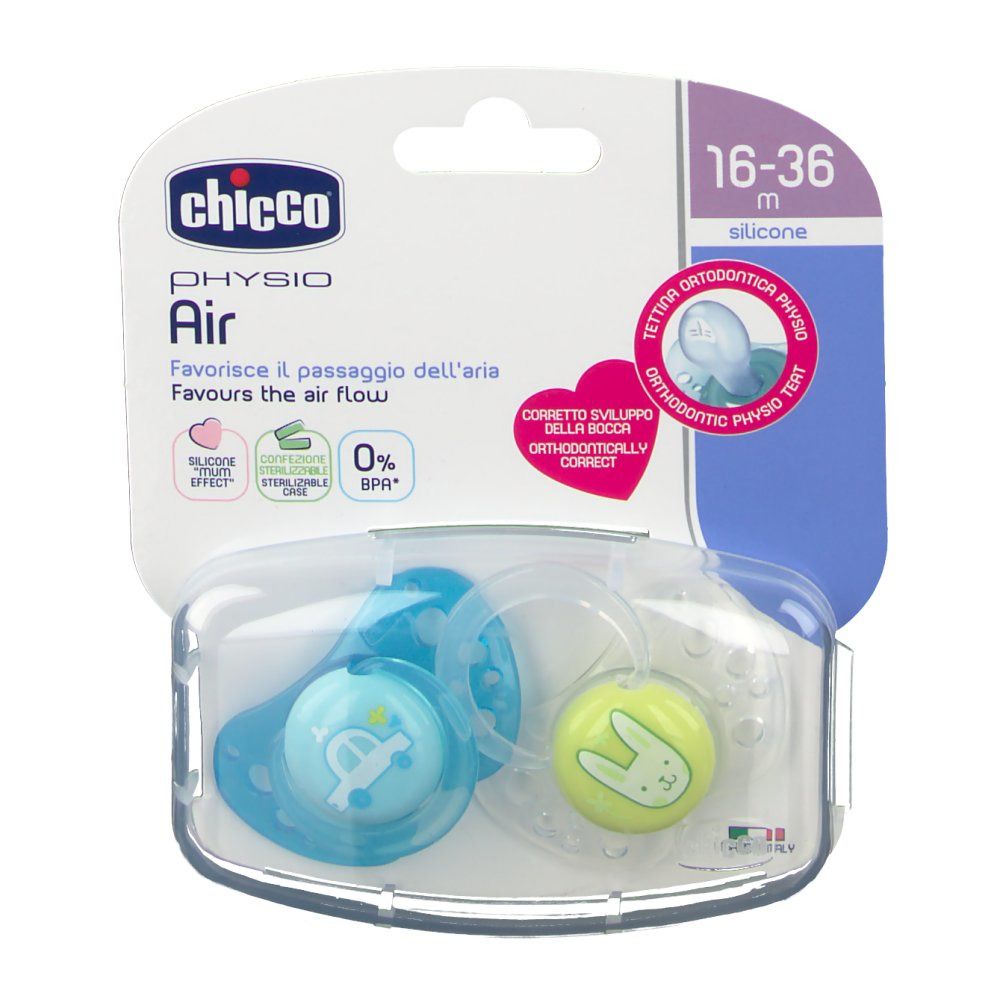 Due succhietti in confezione di plastica. Blu e verde. Tettarella in silicone. Età: 16-36 mesi. Marchio: Chicco Physio Air.