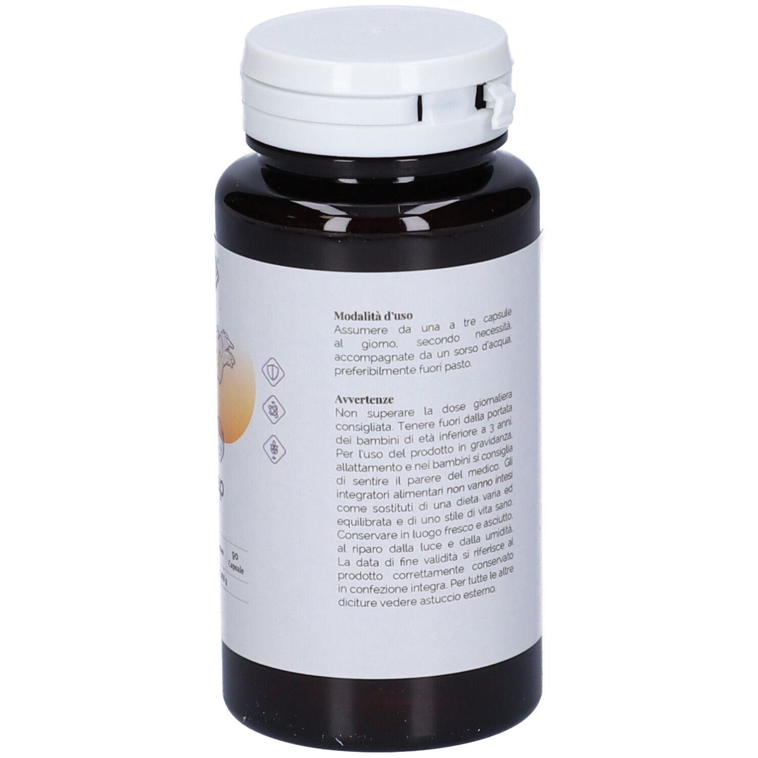 Retro del flacone marrone. Etichetta bianca con testo in italiano. Modo d'uso e avvertenze.