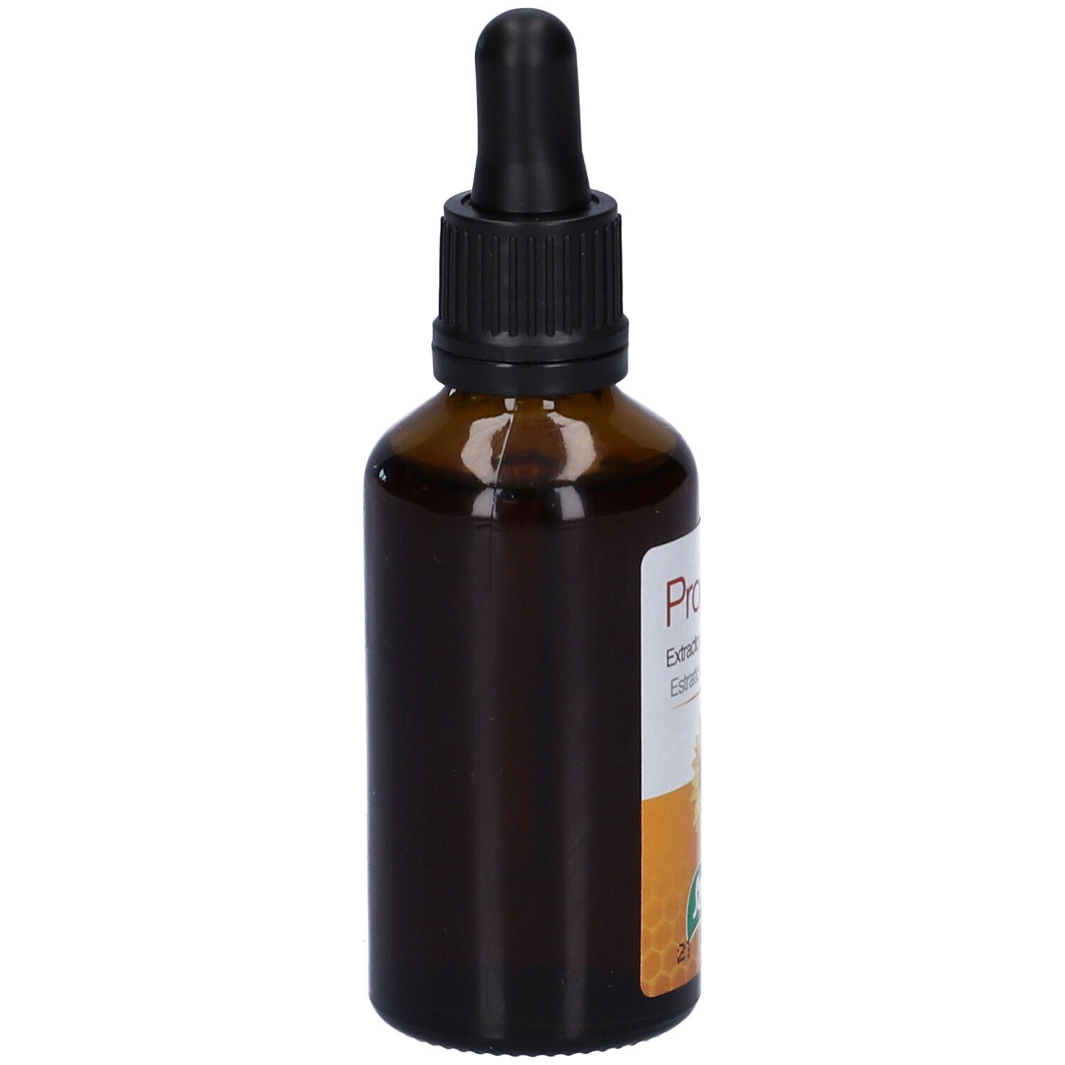 Flacone di vetro marrone con contagocce nero. Etichetta con nome del prodotto e logo. Vista laterale.