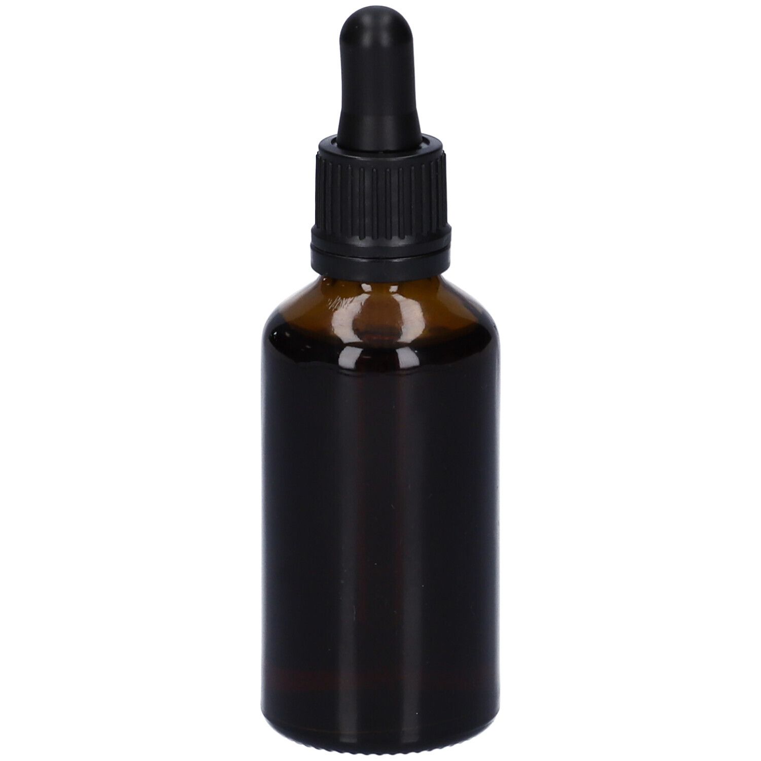 Flacone di vetro marrone con contagocce nero. Nessuna etichetta visibile. Forma semplice.