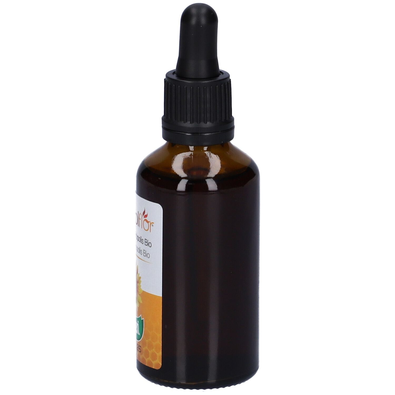 Flacone di vetro marrone con contagocce nero. Etichetta con nome del prodotto e logo. Vista laterale.