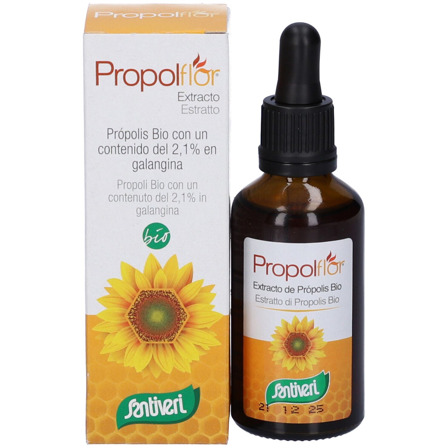 Flacone e confezione del prodotto. Flacone con contagocce, etichetta con nome e logo. Scatola con testo e logo.