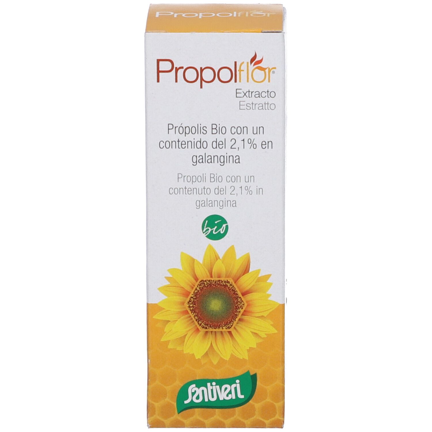 Confezione del prodotto. Scatola con nome del prodotto, testo, girasole e logo. Sfondo bianco.