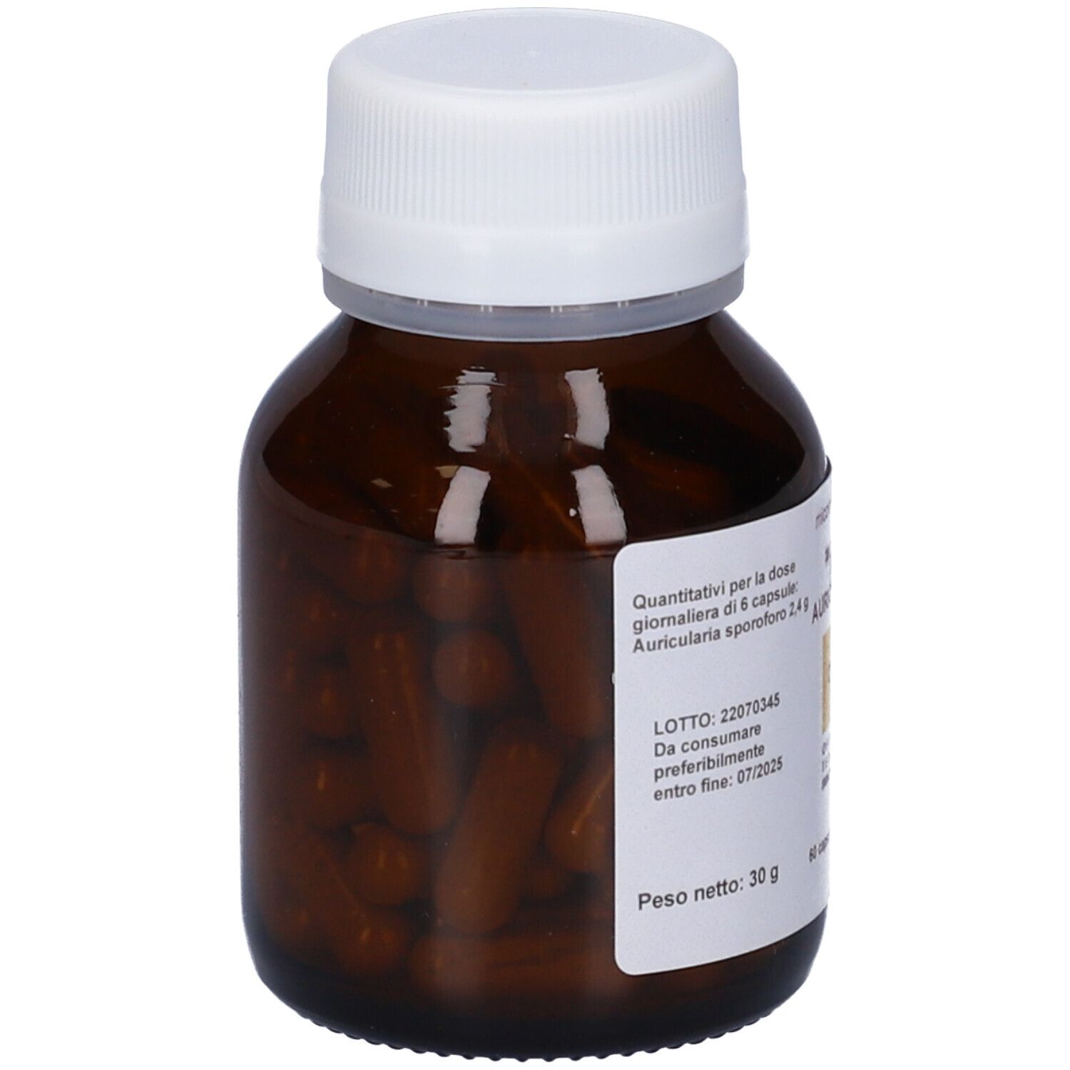 Flacone di vetro marrone con tappo bianco. Flacone pieno di capsule marroni. Etichetta con informazioni.