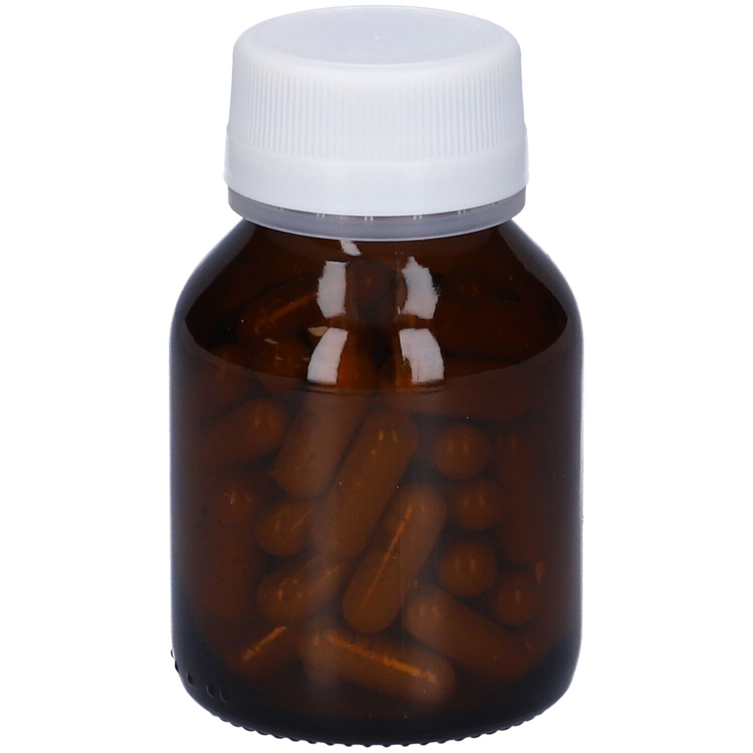 Flacone di vetro marrone con tappo bianco. Flacone pieno di capsule marroni. Primo piano.