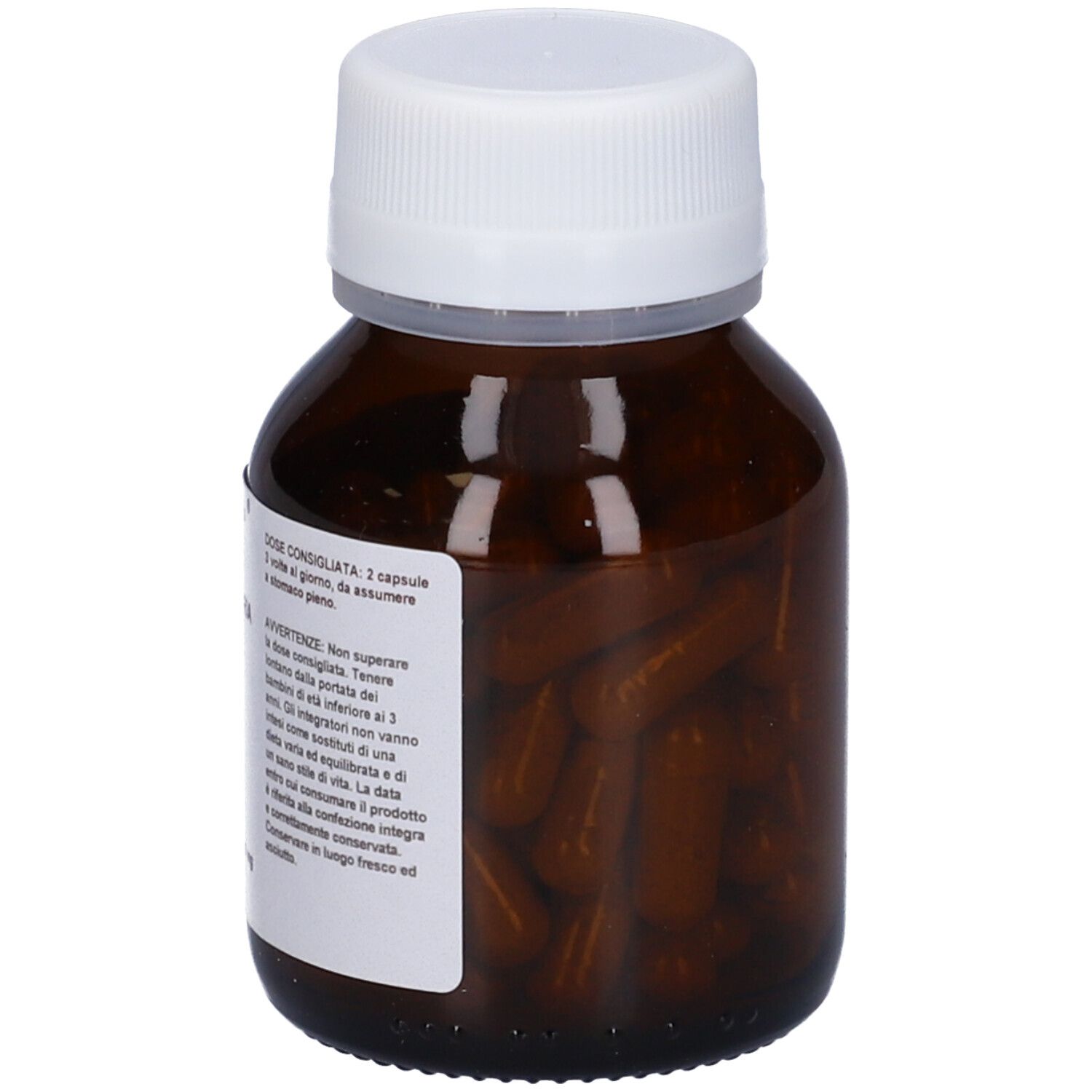 Flacone di vetro marrone con tappo bianco. Flacone pieno di capsule marroni. Etichetta con informazioni.