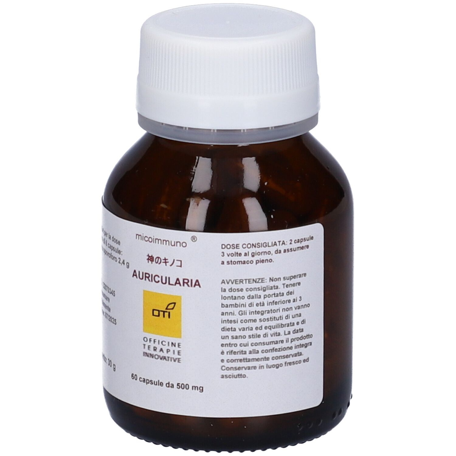 Flacone di vetro marrone con tappo bianco. Etichetta con nome del prodotto e logo giallo. Capsule visibili.